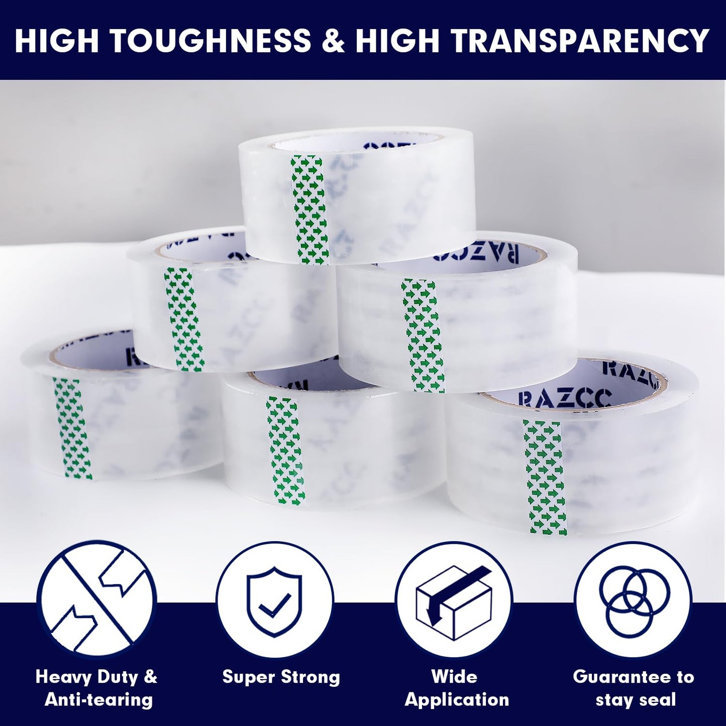 Packing Tape, 24 Rolls Clear Heavy Duty Packaging Tape with Dispensers for Packing Shipping Moving Mailing, Thicker Sealing Tape -1.88" x 65 Yards Per Roll, 1560 Total Yards