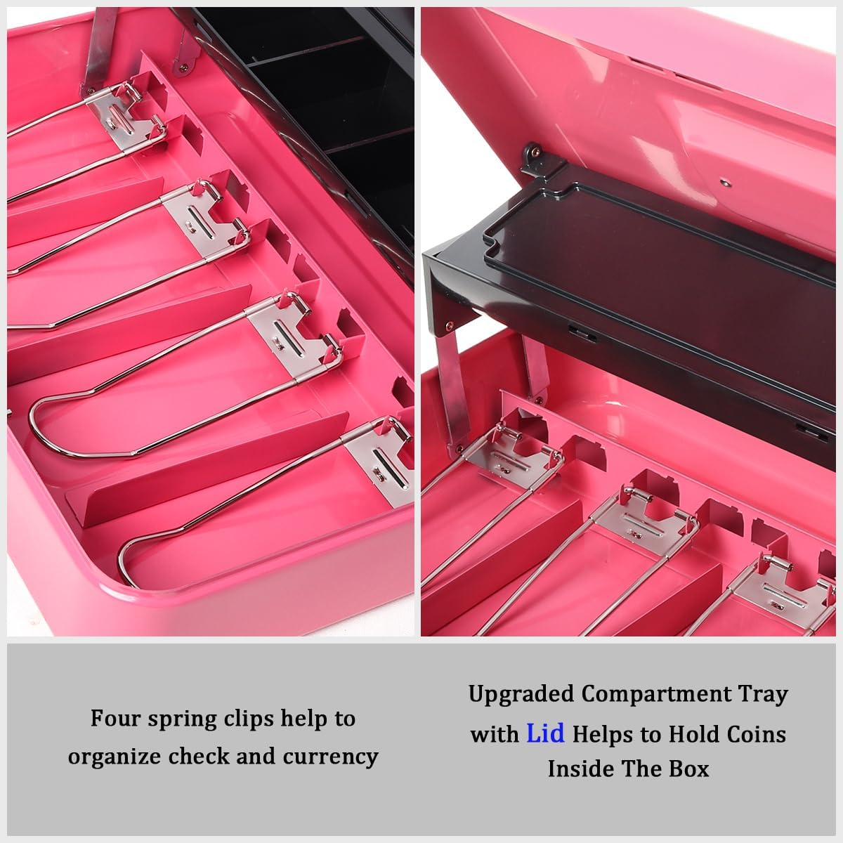 Jssmst Locking Cash Box with Money Tray and Lock, Metal Money Box with Change Lid, 11.8L x 9.5W x 3.5H Inches, Safe Box for Money with Key Lock Pink, SM-CB0515P