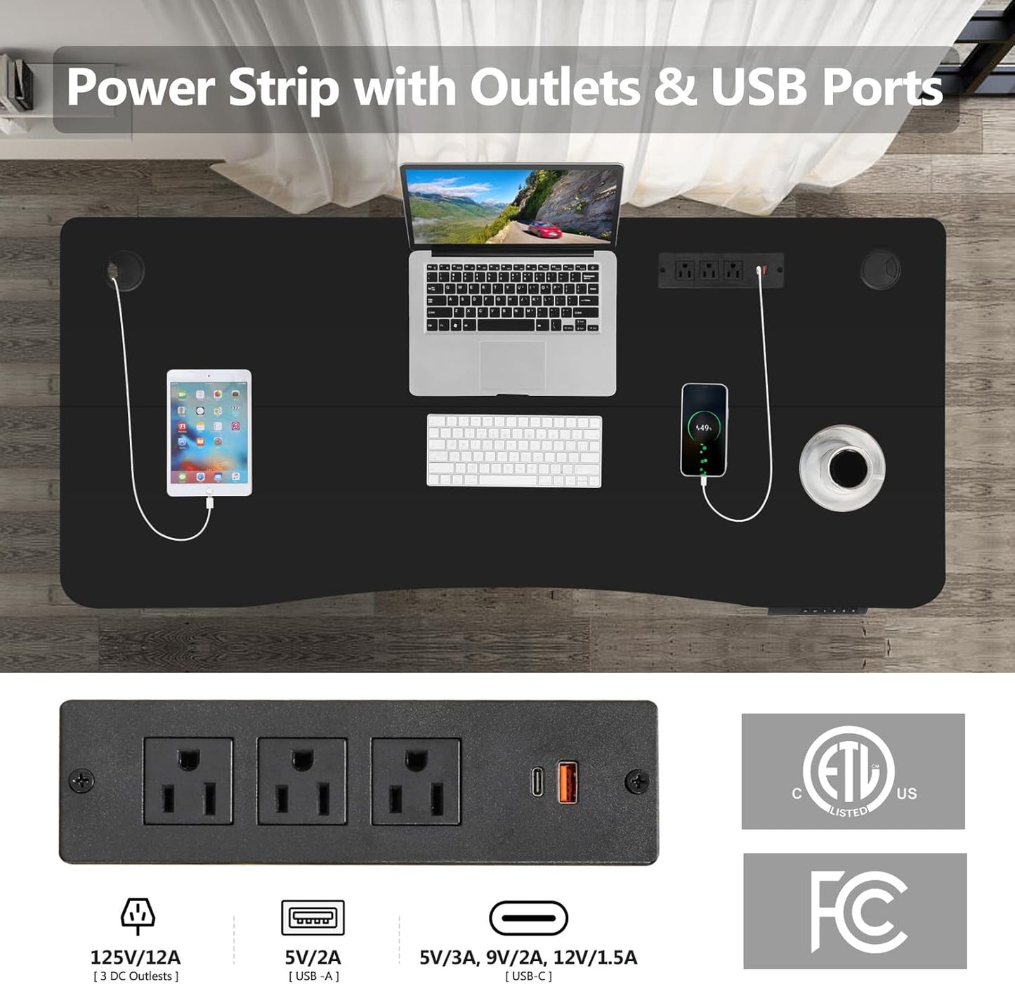 Electric Standing Desk 63 x 24 Inches Adjustable Height Ergonomic Sit Stand Up Desk Curved for Home Office Computer Workstation with 2 USB Ports 3 Power Outlets Memory Preset Wheels, Black