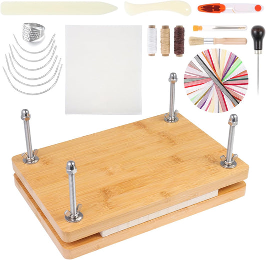Large Bookbinding Press with Binding Supplies, Bamboo Wood 11.6 x 7.9 Inch Ergonomic Book Binding Paper Machine Handmade DIY Craft Projects Binder Tool with Needles Wax Thread Book Cloth Folder Awl