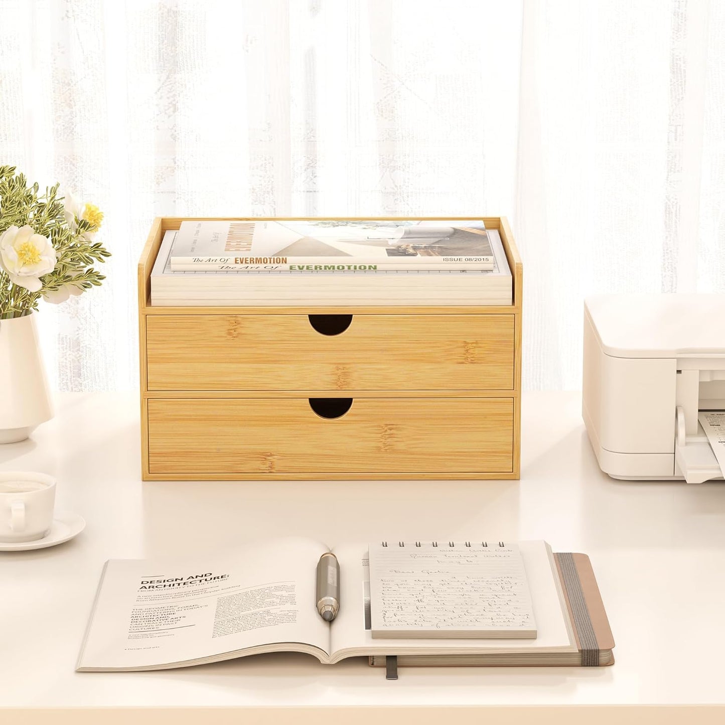 Desk Organizer With Drawers - Bamboo Wood Desktop Mail Organizer Storage Box for Office Home Bathroom Vanity Dresser Top, No Assembly Required (2 Drawer)