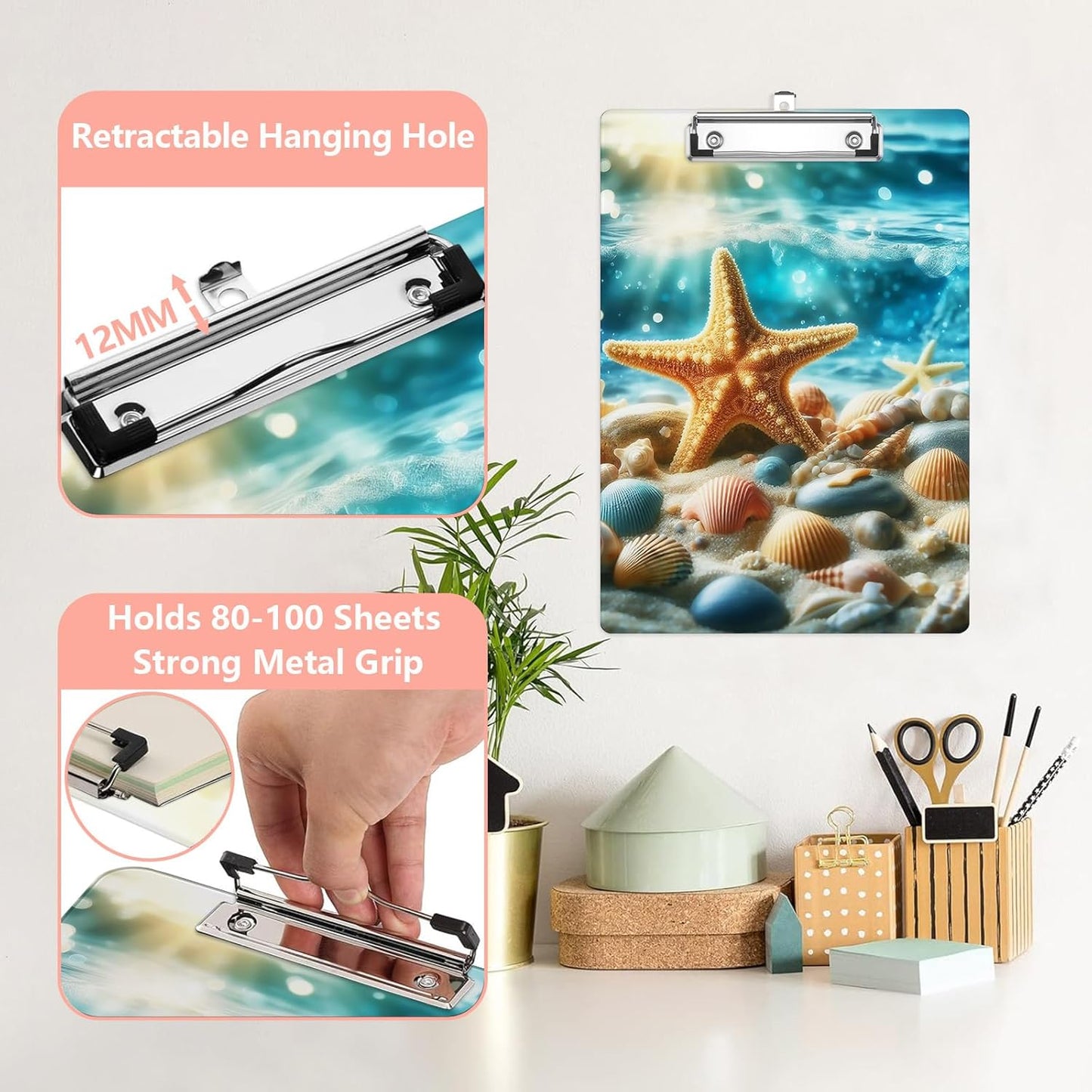 Beach Shell Starfish Plastic Clipboards,Cute Fashion Clipboard Decorative 8.5" x 12.5"Standard A4 Size Clipboards,Acrylic Clipboard for Teacher,Social Worker,Students,Nurse,Office Supplies