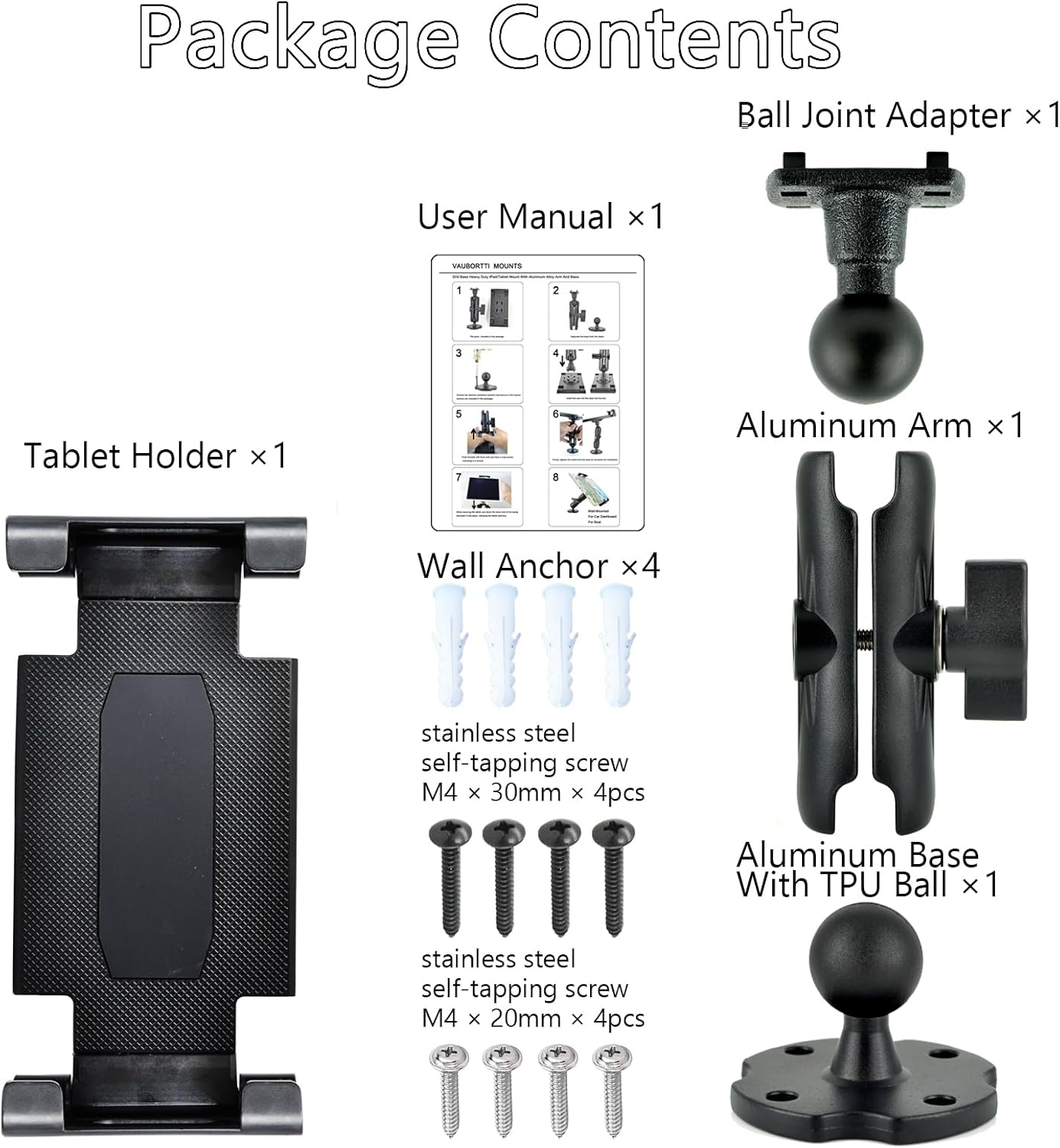 Aluminum Arm Heavy Duty Tablet Mount Drill Base - for 6.5"-12.9" Tablet iPad Pro/Mini, iPad Holder for Truck, Car,Dashboard,Desk,Wall-Swivel with 1 inch/25mm Ball Joint