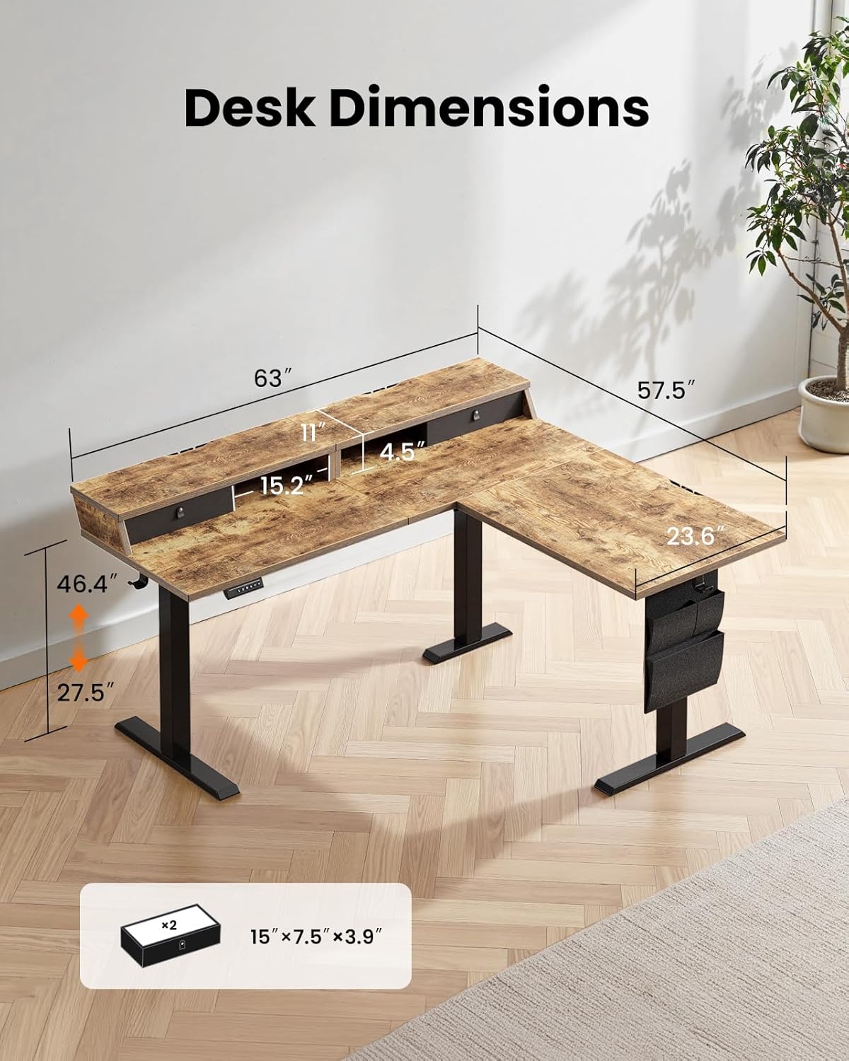 ErGear L Shaped Electric Standing Desk, 63" Ergonomic Corner Height Adjustable Desk with Drawers, Sit Stand Computer Table with Storage for Work Office Home, Vintage Brown