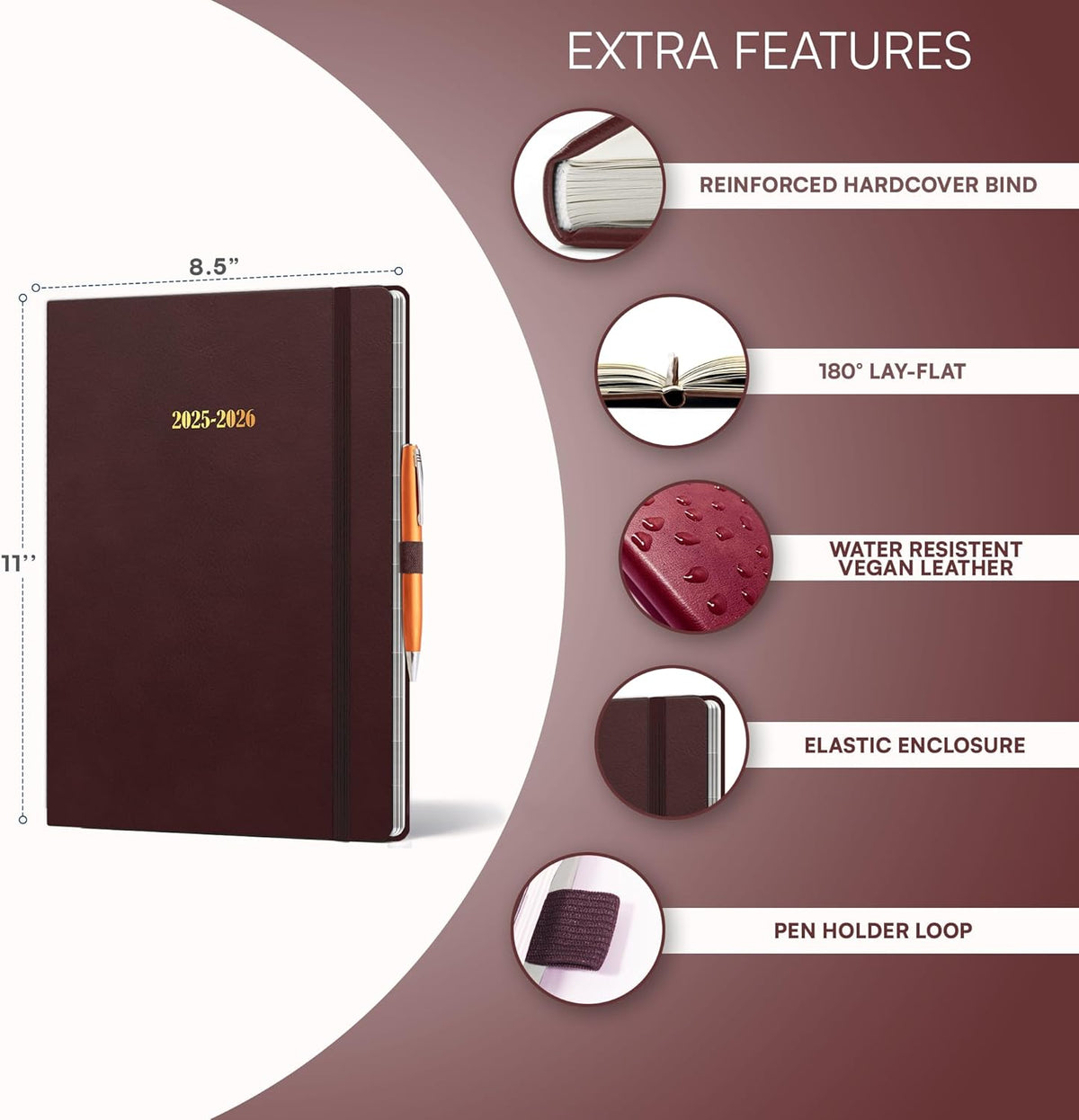 Ensight 2025-2026 HARDCOVER Leather Planner Weekly & Monthly - 8.5x11 Inches - Academic Planner Business Personal or Student - Pen Holder, Thick Paper, July 2025 - June 2026 (Red)