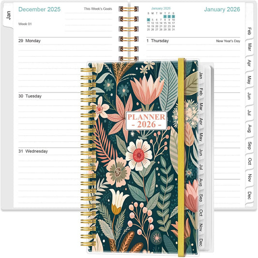 2026 Pocket Planner/Calendar - 2026 Planner from January 2026 - December 2026, Planner 2026 with 12 Tabs, Twin-Wire Binding, Inner Pocket, 3.75" x 6.75", Flower-B