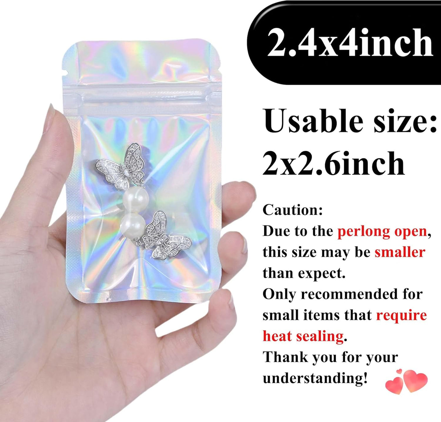 Resealable Mylar Pouch Bag Great for Office Home Party Favor Food Storage (100PCS, Holographic Color, 2.4 x 4 inch)