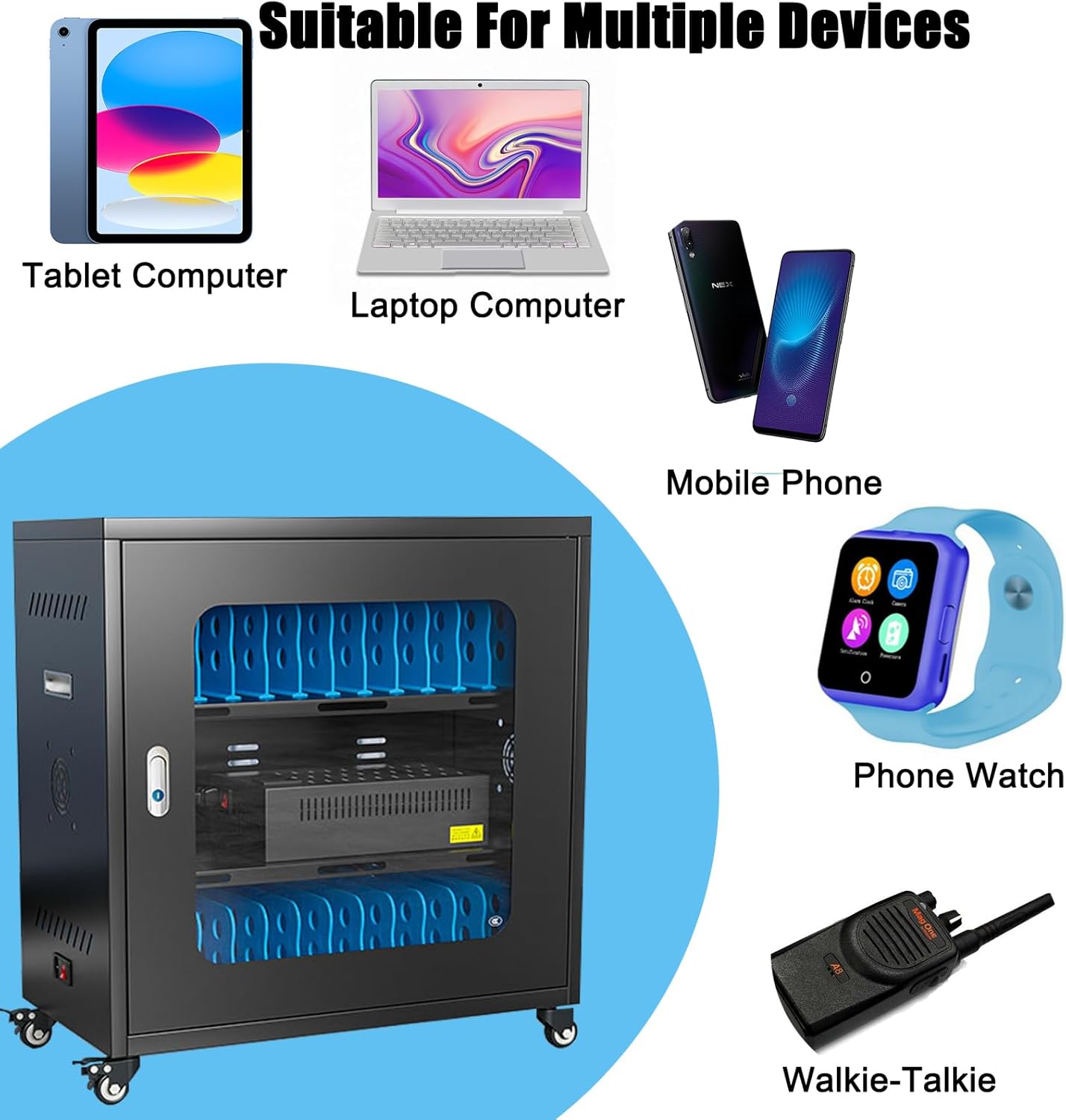 20 Device Mobile Charging Cart for Chromebook, Laptop and Tablet Charging and Storage Cart, Fully Assembled Locking Mobile Charging Cabinet Suitable for Classroom Office School (Black, 20-Device)