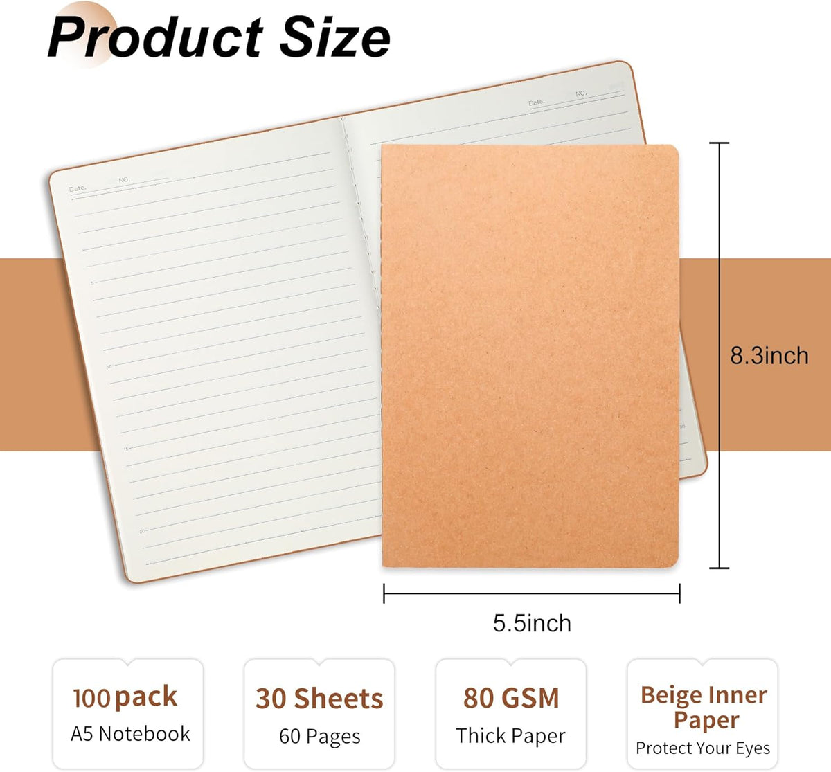 miikoul 100 Pack A5 Kraft Paper Notebook Lined Journal Bulk, 8.3 X 5.5 Inch, 60 Pages/30 Sheets, 80gsm, Travel Notebook Notepad for Adult, Students, Gift, Office, Back to School Supplies