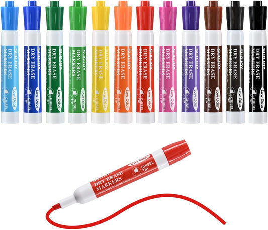 Dry Erase Markers, Chisel Tip Whiteboard Markers, Low Odor Thick Dry Marker, 12 Pack 12 Assorted Color Markers for Classroom, Office & Home Use