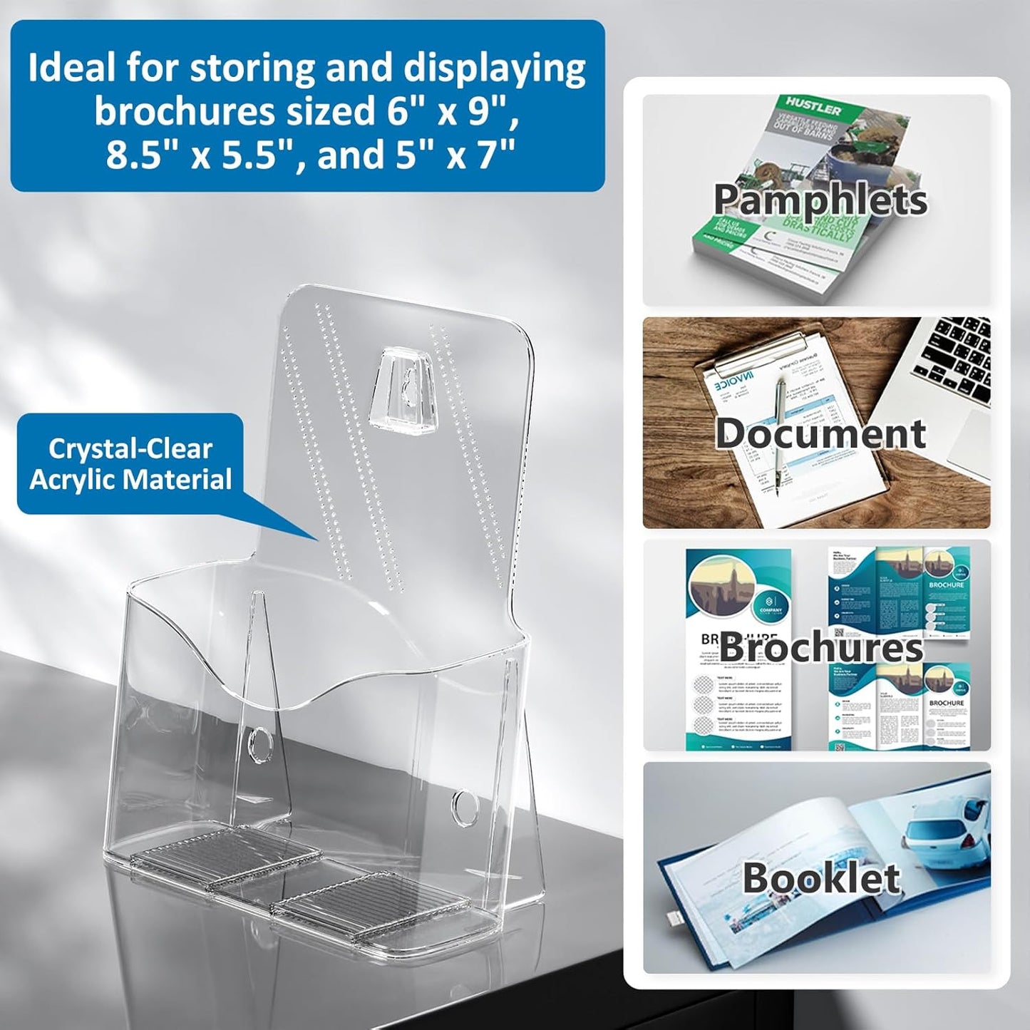 Acrylic Brochure Holder 6 x 8 Inch, Clear Slant Back Display Stand for 5.5 x 8.5 & 5 x 7 Inch Flyers, Pamphlets, Table Signs – Plastic Paper Holder for Office, Home, Store, 4 Pack