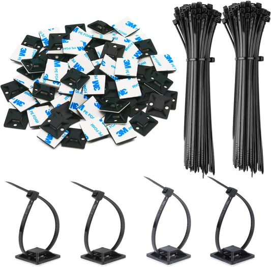 50 Pack 1.5 inch Zip Tie Adhesive Mounts Self Adhesive Cable Tie Base Holders with Multi-Purpose Tie wire clips with screw hole,Anchor stick on wire holder with 8 inch zip ties（Black）