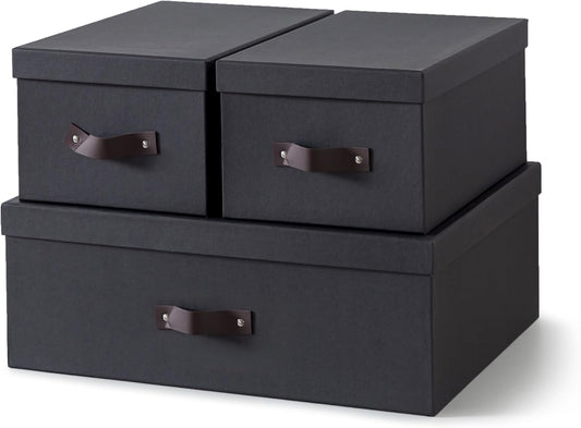Soul & Lane Decorative Storage Boxes with Lids - Set of 3 (One Large and Two Medium), Sturdy Cardboard Organizers for Photos, Versatile Boxes with Handles for Office & Home, Dark Gray