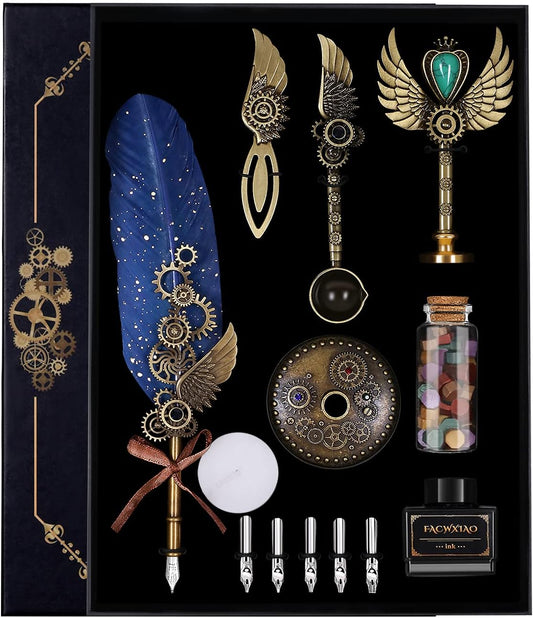 Quill Pen and Ink Set,Feather Pen Set for Calligraphy,Christmas Gift for Handwriting Lovers, Birthday Gift(Bule)