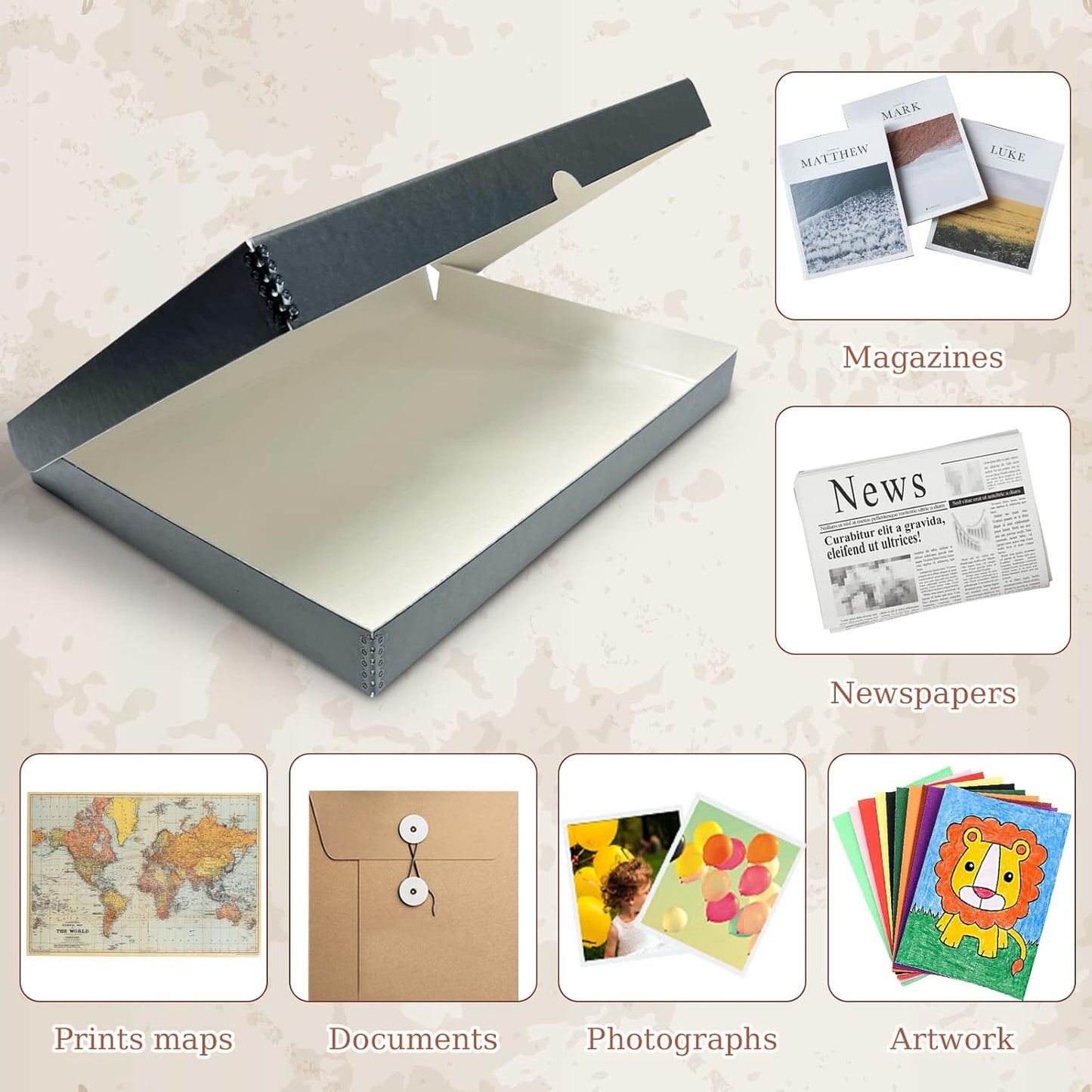 Golden State Art, Archival Folio Storage Box 16x20, Clamshell Design with Metal Edge, Preserve and Store Photos Documents Cards Prints Arts Crafts DIY, Gray, Pack of 2
