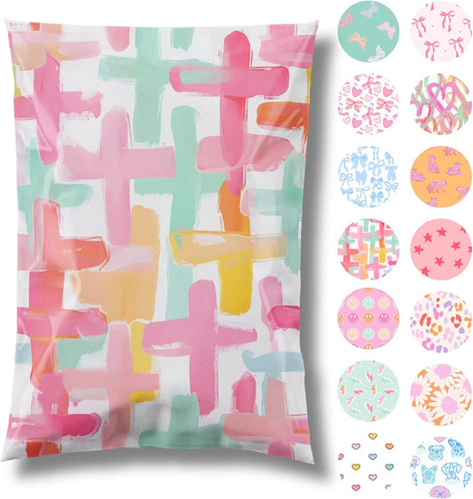 14.5x19 Designer Poly Mailer 100 Pack Heavy Duty Waterproof Self Seal Shipping Bags for Small Business Large Mailing Envelopes Bulk Tear Resistant Packaging Pastel Crosses Faith