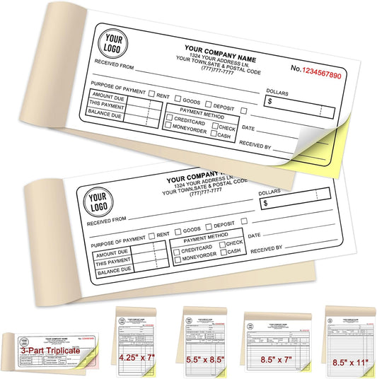 Custom Invoices Receipt Book for Small Business Personalized 2-Part Duplicate Carbonless Logo Receipt Books Sales Payment Forms with Company Name Address Phone Number 100 Sets 2.83" x 7"