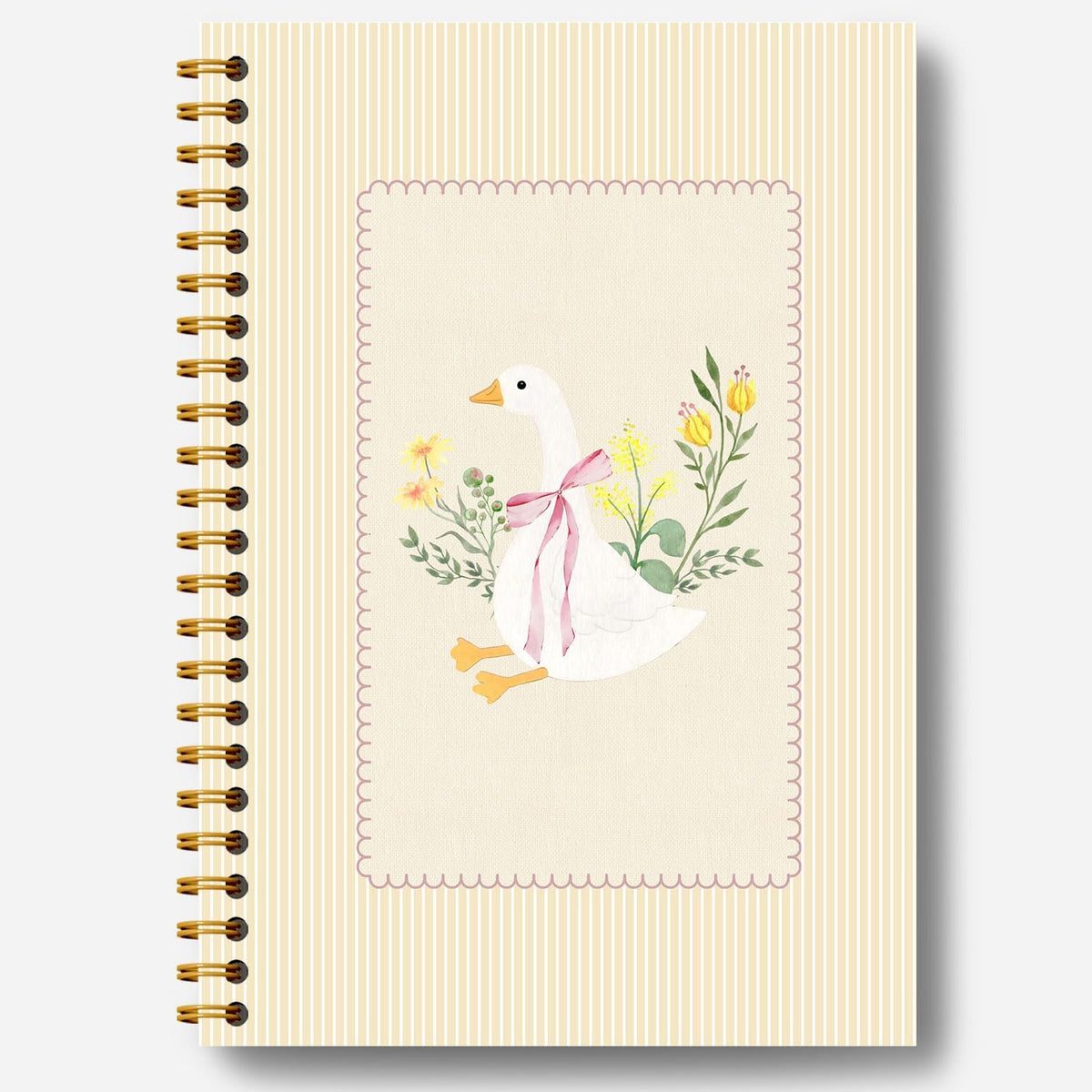 Guymn Light Beige Floral Goose Notebook, Preppy Pink Bow Goose Journal for Kids Girls, Geese Animal Lover Gifts Hardcover Spiral Notebooks Journals 5.5x8.3 Inch