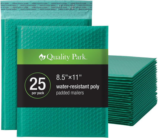 Quality Park Bubble Mailers, 8.25 x 11, Turquoise Poly Mailers, Padded Envelopes, Shipping Bags, Water Resistant, Self Seal, 25 Per Box (QUA85914)