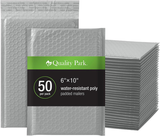 Quality Park Bubble Mailers, 6" x 9", Gray Poly Mailers, Padded Envelopes, Shipping Bags, Water Resistant, Self Seal, 50 Per Box (QUA85911)