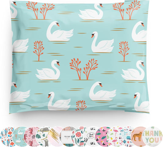 Poly Mailers 10x13 100 Pack | Self-Sealing Shipping Bags Envelopes for Small Business | Waterproof Durable Packaging | Swan | Teal Bird Floral | à la mode Mailers