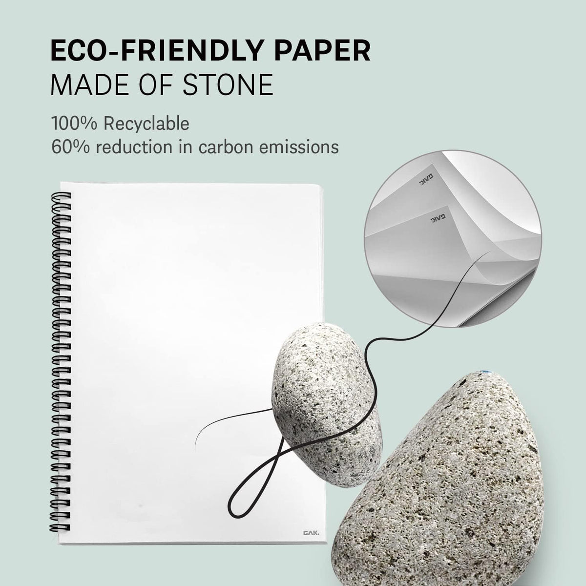 GAK. Stone Paper Notebook | No Lines Spiral Notebook Waterproof Sheet Aesthetic Journal for Note Taking | Notebooks for Work & Aesthetic School Supplies | Medium Size, Green (5.8”x8.3”, 50 sheets)