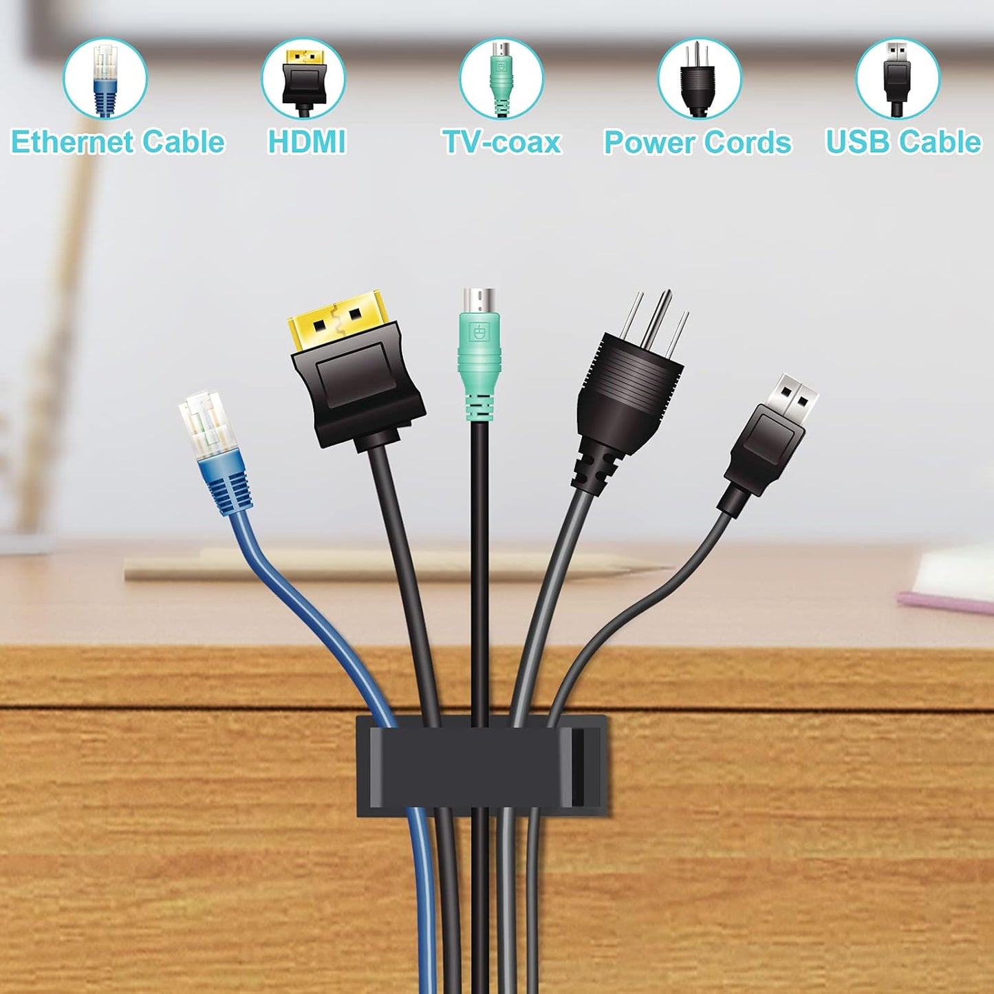 Cable Management Clips, Large Cord Clips for Under Desk Wire Management, Adhesive Organizer Multiple Cord (Computer/PC, Network, TV, Ethernet) Black 20 PCS
