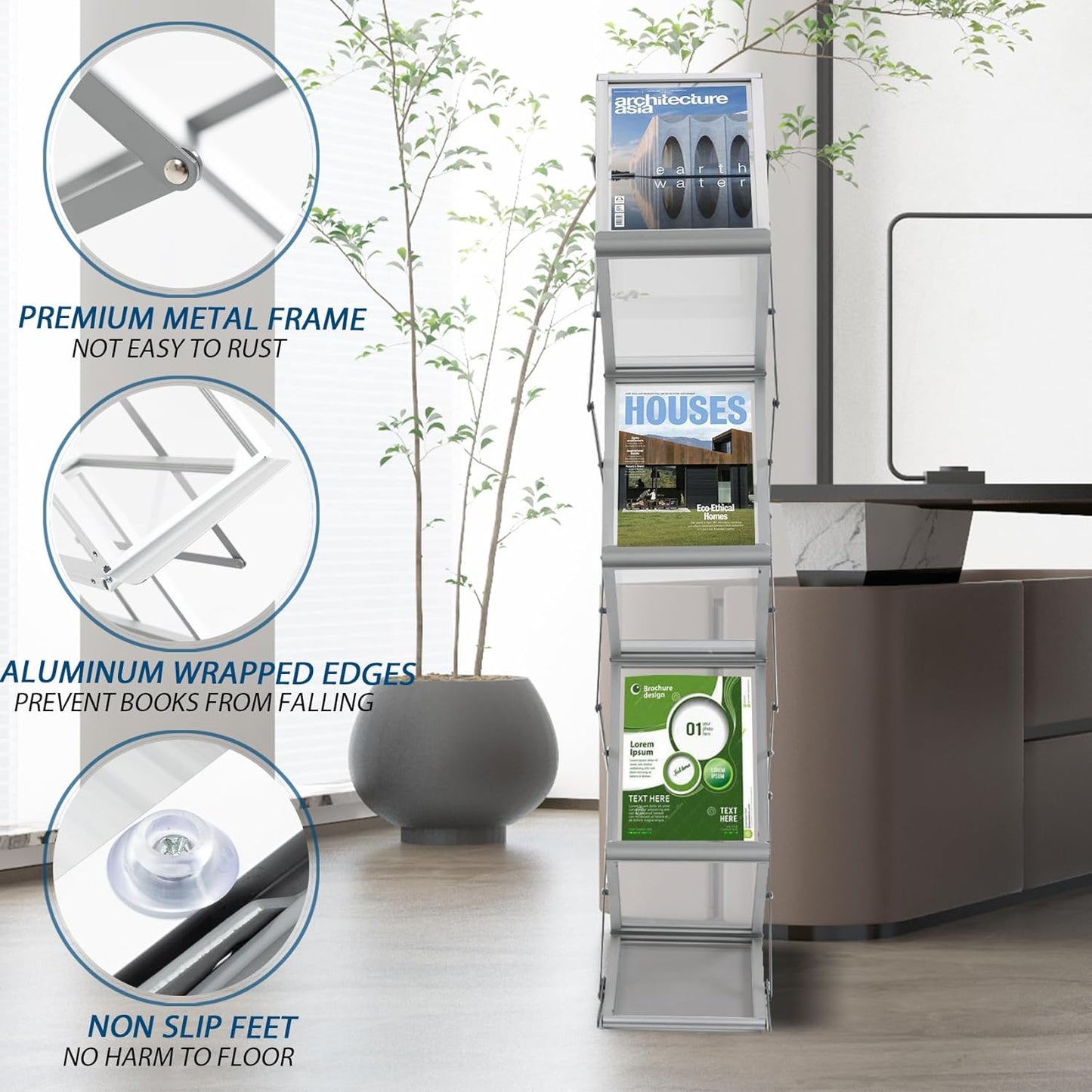 6 Pockets Aluminum Floor Standing Magazine Rack with Carrying Bag, Portable Pop-up Brochure Display Stand, Foldable Catalog Literature Display Stand, A4 Size, for Exhibition, Trade Shows, Office