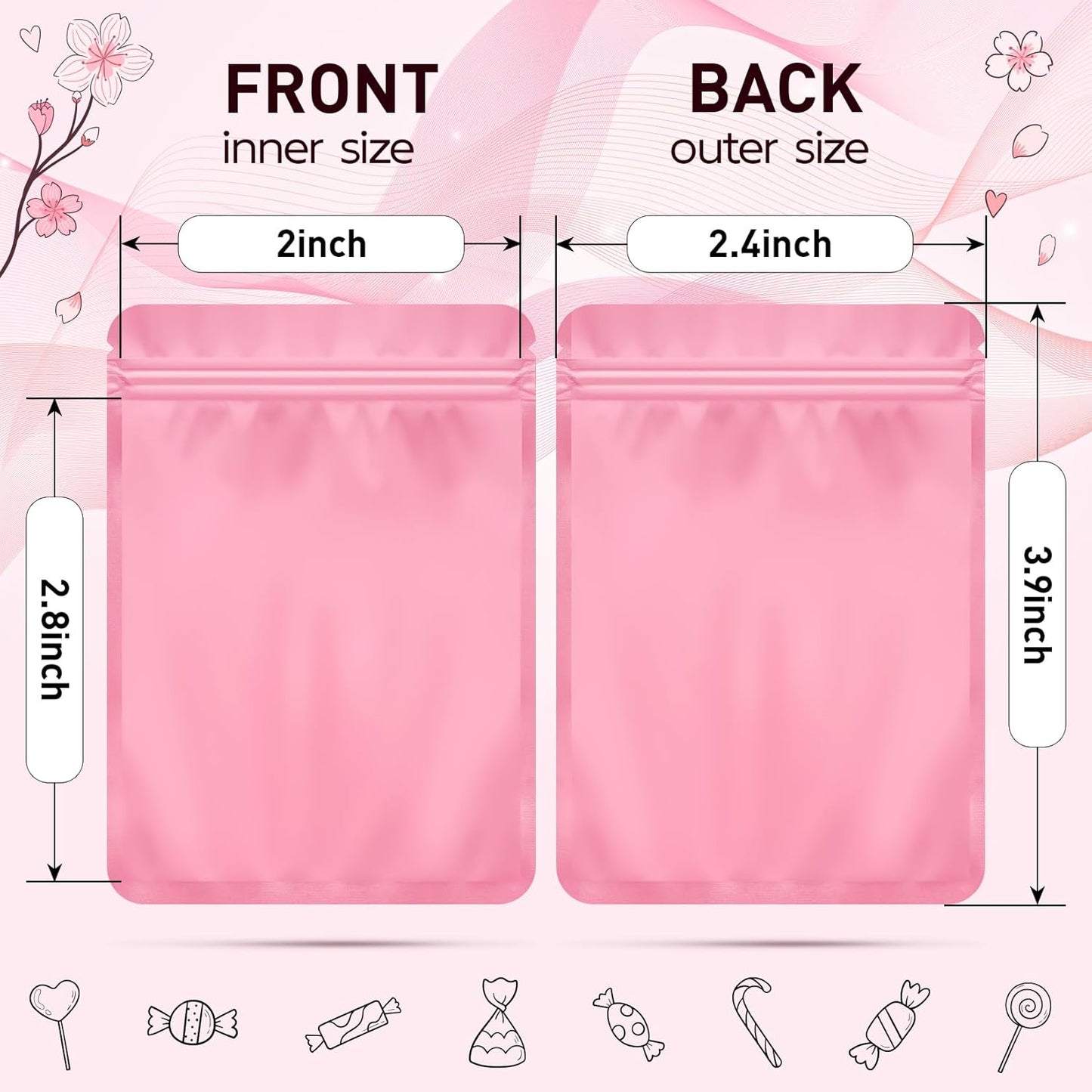 Funfery 100 Pack Pink Mylar Packaging Bags Resealable Bags Double Sided Color Odor Proof Pouch Baggies Smell Proof Foil Bag for Food Storage,Small Business(Pink,2.4x3.9inch)