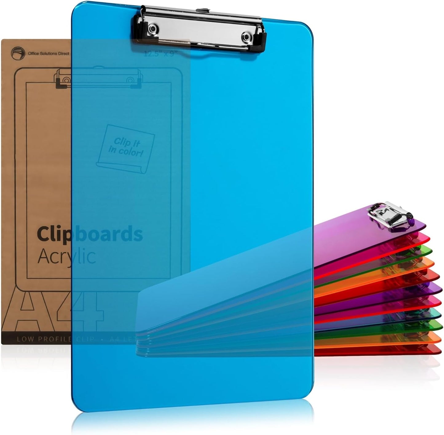 Plastic Clipboards with Low Profile Clip Set of 12-12.5 x 9 Inch Multi Color Plastic Clipboards Bulk - Clear Clipboards Bulk Classroom Holds 100 Sheets, Acrylic Clipboard Clear 12 Pack