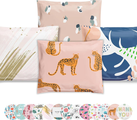 Poly Mailers 12.5x15 50 Pack | Self-Sealing Shipping Bags Envelopes for Small Business | Waterproof Durable Packaging | Variety Sample Pack | Thank You Floral Animal Cat Gold | à la mode Mailers
