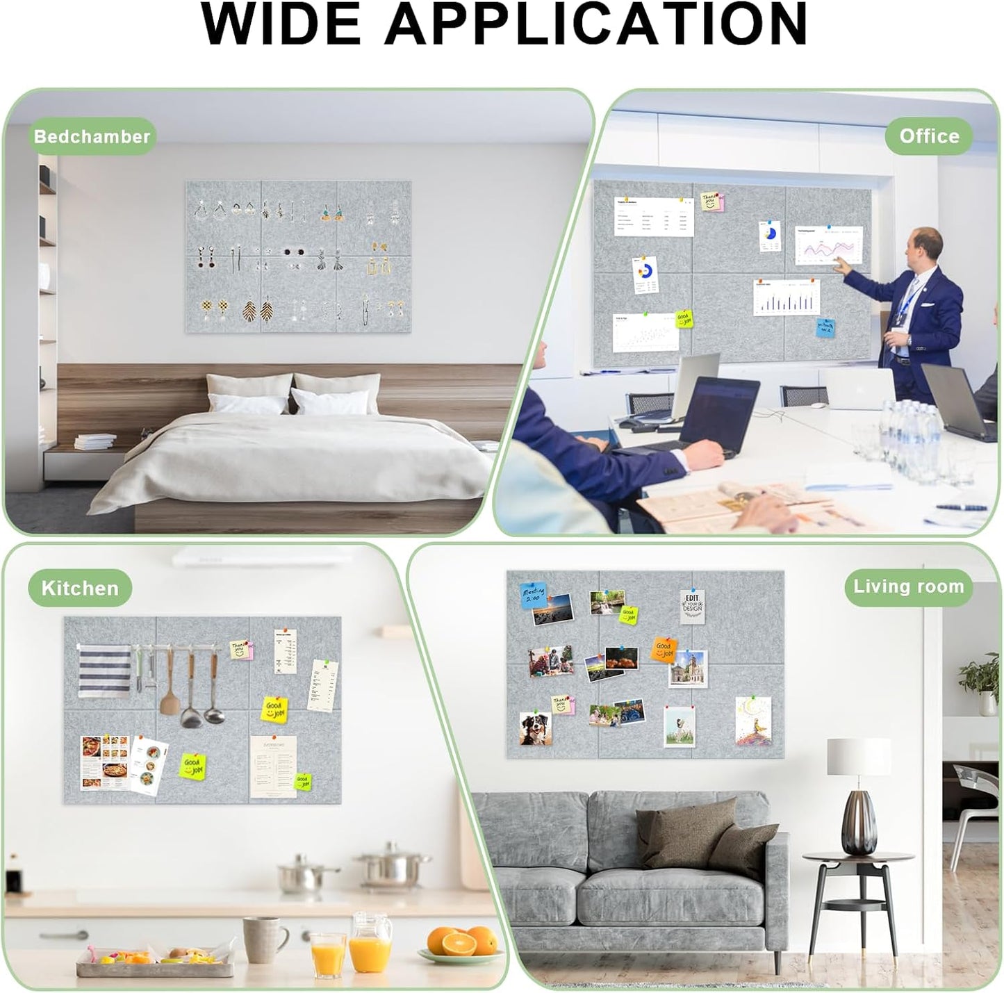 Large Cork Board for Wall 6 Pack, Bulletin Board 36" X 24", Felt Board Wall Tiles with 72 Damage-Free Removable Pads & Push Pins, Alternative Pin Board Cork Board for Office Home, Dark Grey