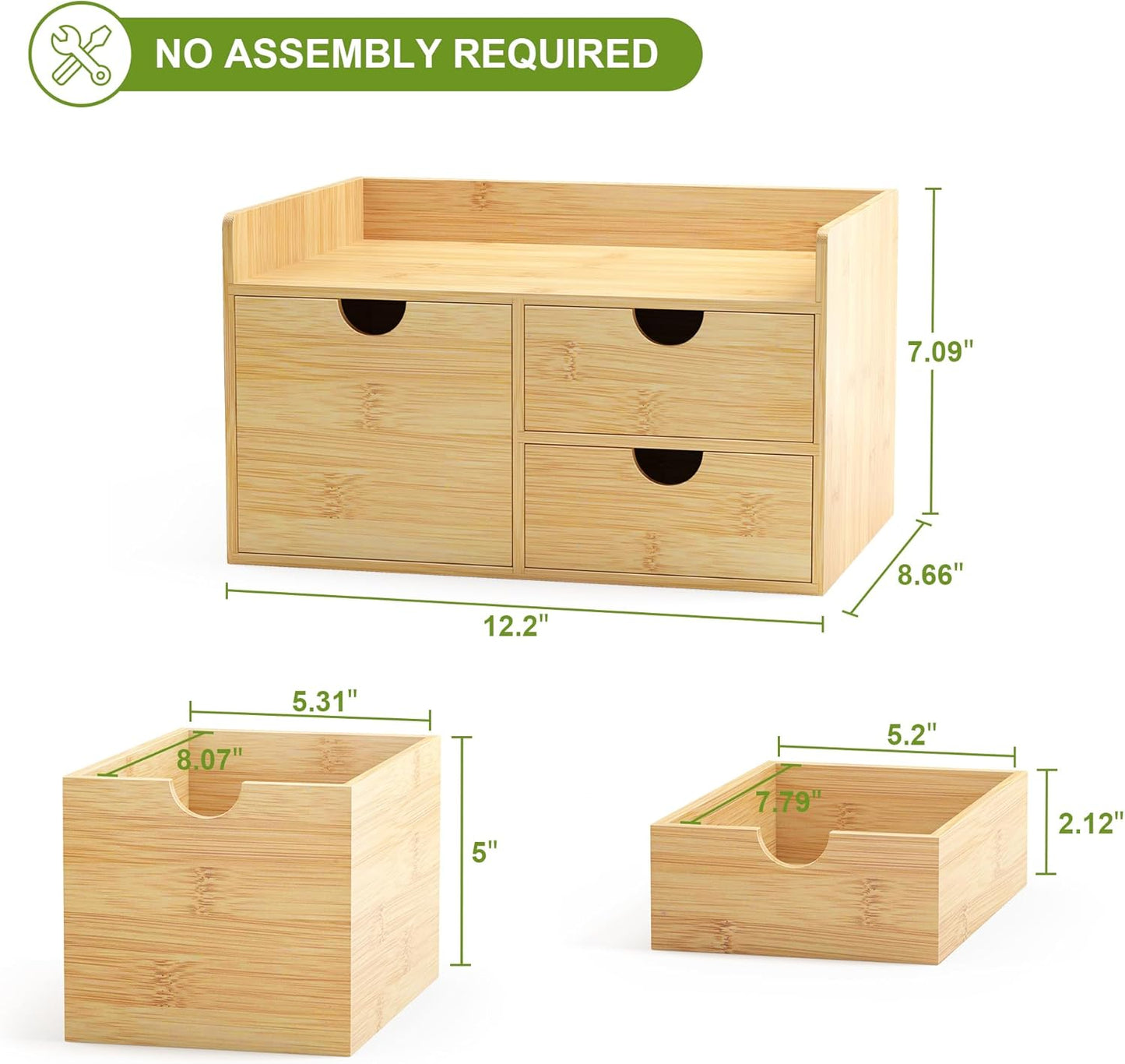 Desk Organizer with Drawers - Bamboo Desktop Organizer Storage | Wood Desk Drawers Organizer for Bills, Office Supplies, Cosmetics, Seals No Assembly Required (3 Drawer with Big Drawer)