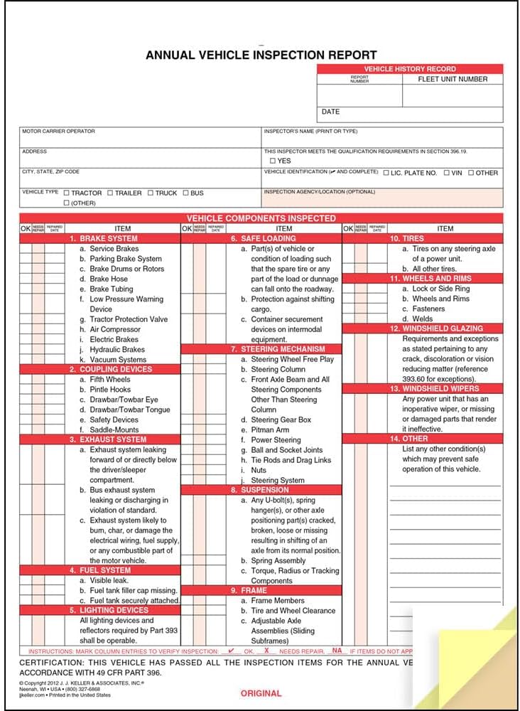 J. J. Keller 10-Pack, Annual Vehicle Inspection Report Forms, 3-Ply Carbonless Form, DOT Compliant