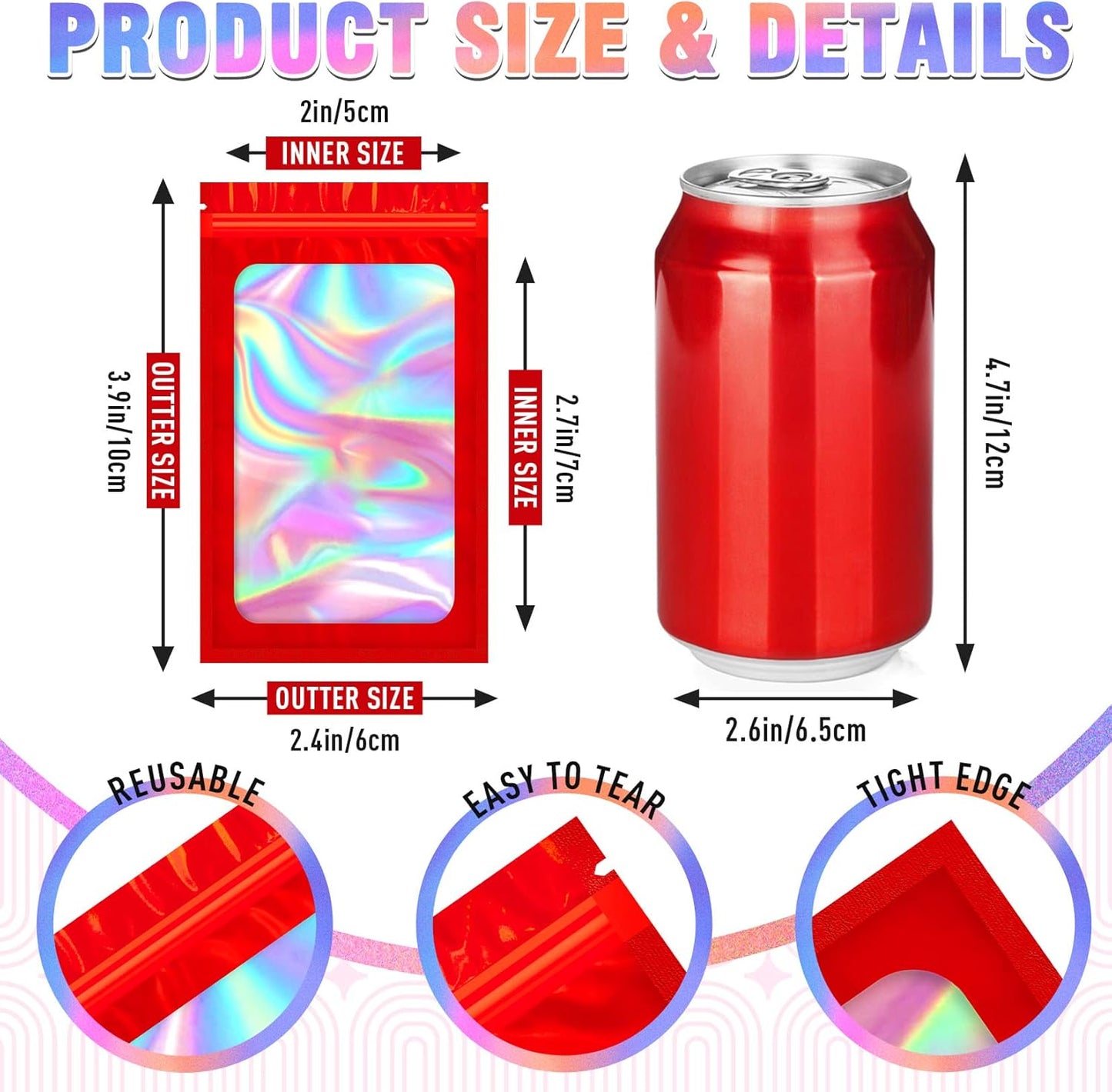 Smell Proof Bag, 100 PCS Mylar Bags, Holographic Bags with Sealing Strip (2.4x3.9 Inch)