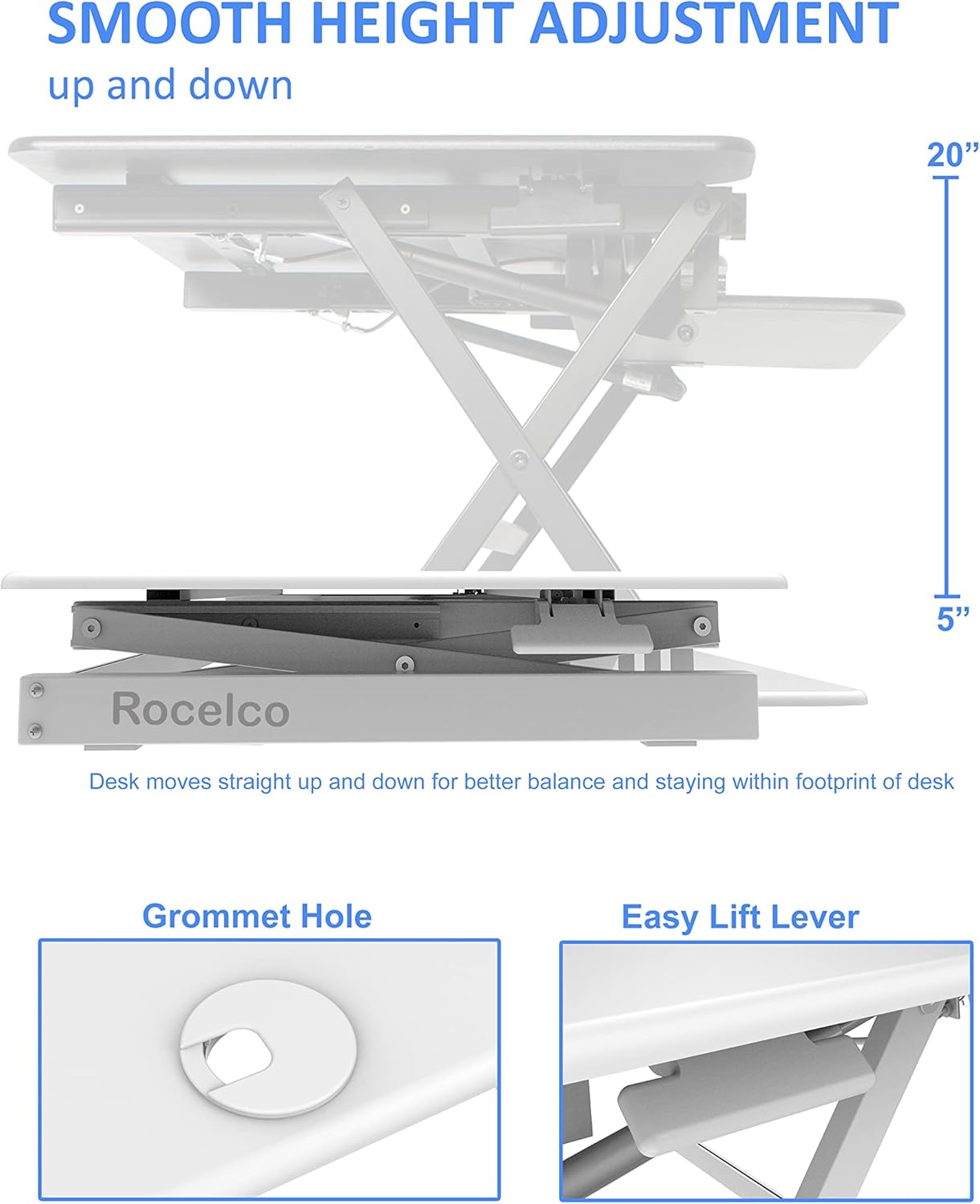 Rocelco 40" Large Height Adjustable Standing Desk Converter with Dual Monitor Mount BUNDLE - Quick Sit Stand Up Computer Workstation Riser - Retractable Keyboard Tray - White (R DADRW-40-DM2)