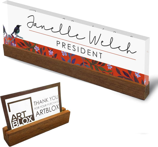 Artblox Personalized Office Desk Name Plate and Business Card Holder | Clear Acrylic Glass with Teak Wood Stand | Bird Singing Design Customized with Your Name and Credentials Office Desk Décor 8x2.5