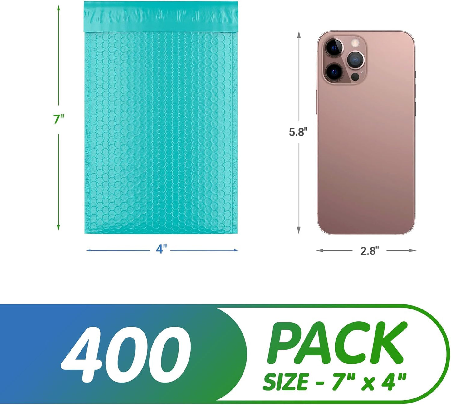 Teal Poly Bubble Mailers Self Seal, 4 x 7 Inch. Pack of 400 Bubble Packaging Envelopes for Shipping. Durable Padded Envelopes Waterproof. Self Seal Padded Mailers. Shipping Packages