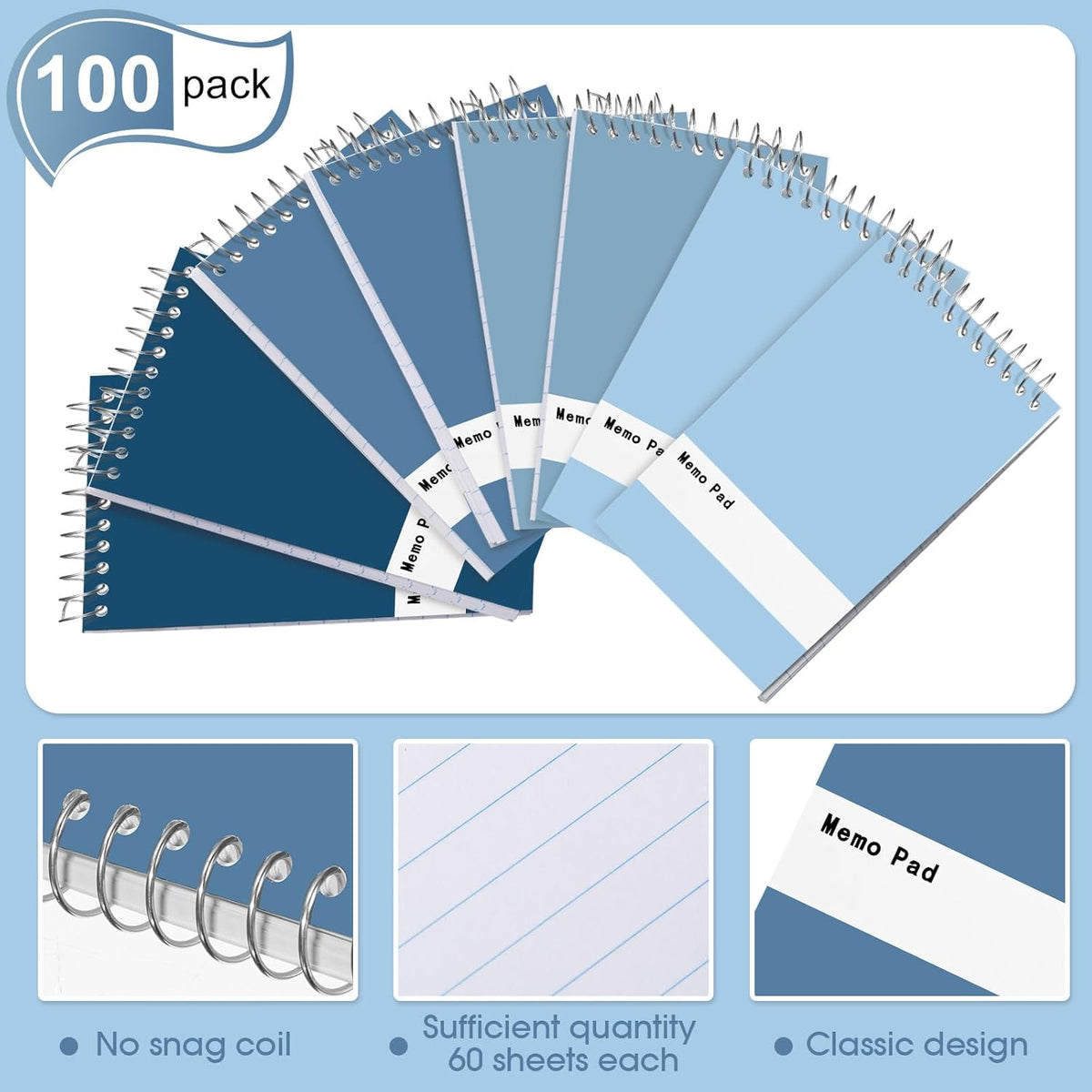 Thenshop 100 Pads Spiral Memo Pads Bulk 3 x 5 Inch Small Pocket Notepad Top Bound Lined 60 Sheets Mini Notebooks for School College Office Home Supplies (Fresh Colors)