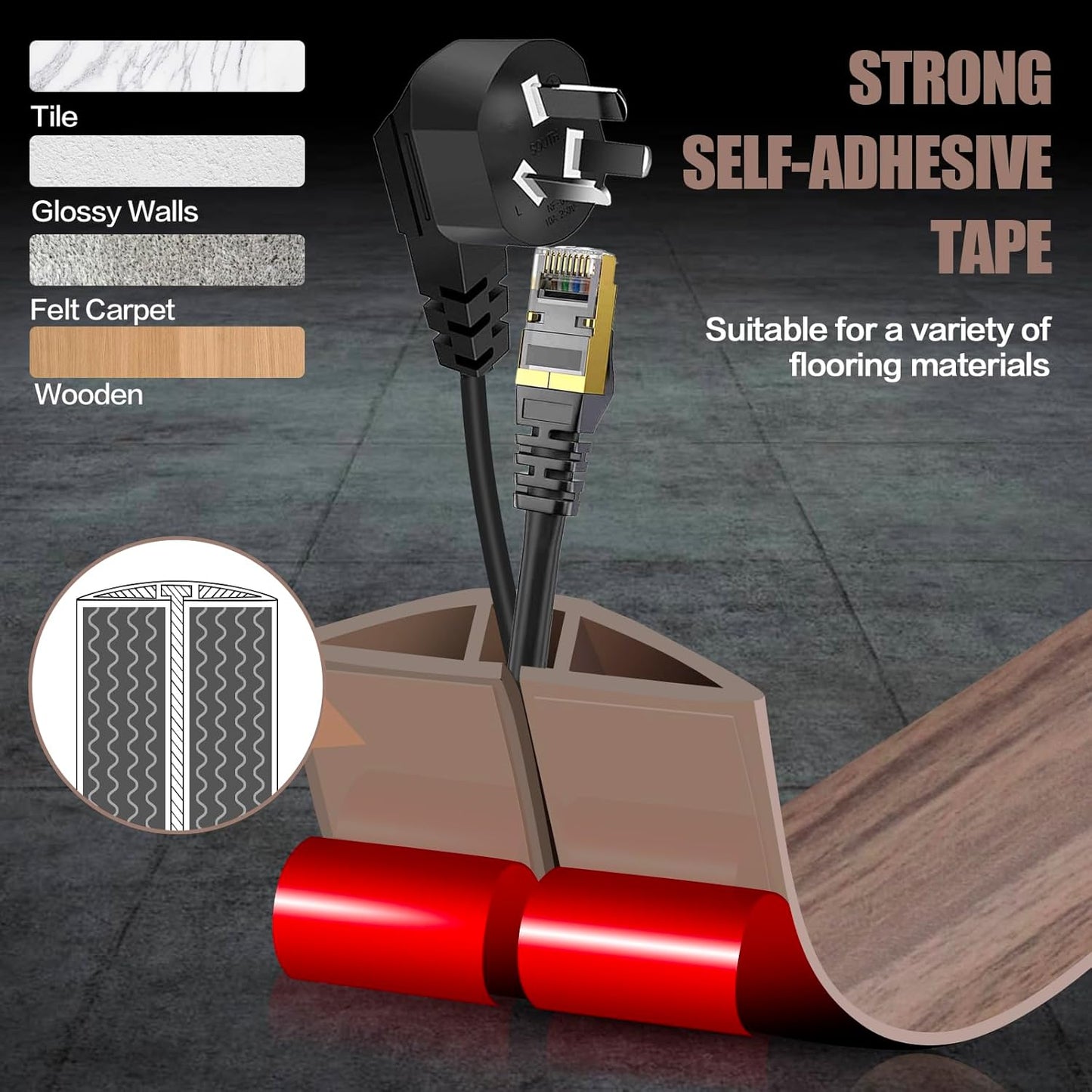 Floor Cord Cover Self Adhesive Cord Hider,3.3FT Cable Management, Extension Strip Protector for Wires, Prevent Cable Trips for Offices, Gyms, Exhibitions Cavity:0.51"(W) x 0.3"(H) Wood Walnut