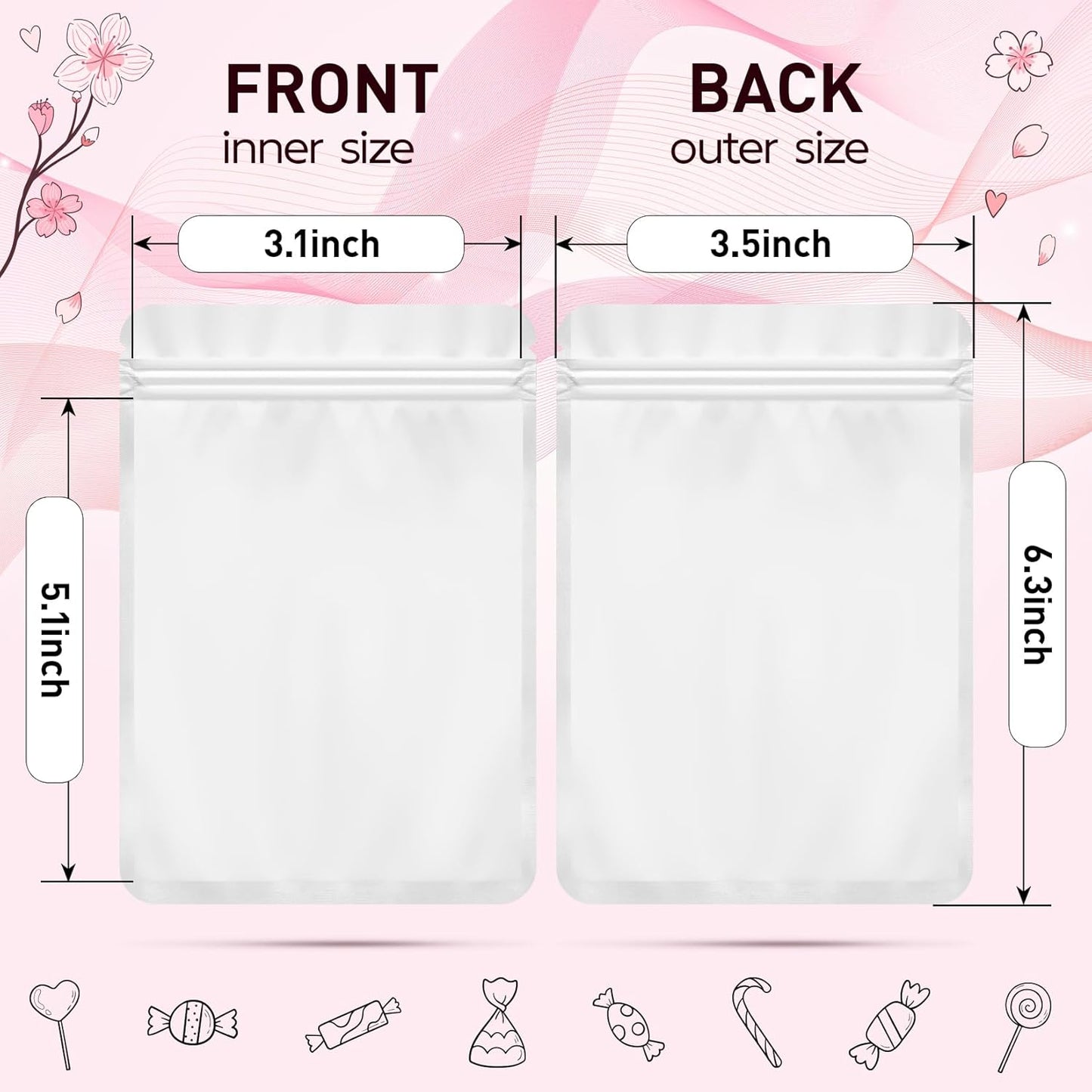 Funfery 100 Pack White Mylar Packaging Bags Resealable Bags Double Sided Color Odor Proof Pouch Baggies Smell Proof Foil Bag for Food Storage,Small Business(White,3.5x6.3inch)