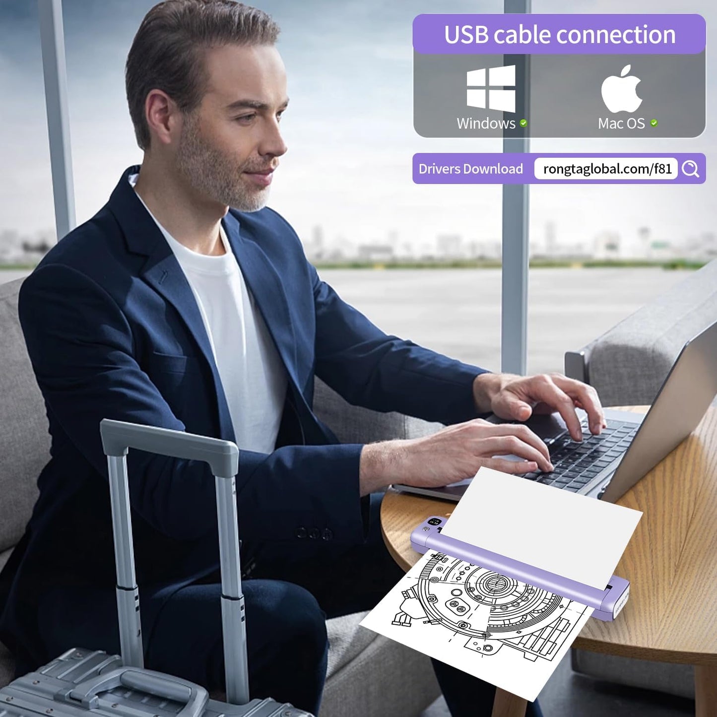 Rongta Portable Printers Wireless for Travel, WiFi & Bluetooth Mobile Printer, Thermal Inkless Printer for School/Office/Home Use, Compatible with Android,iOS & Laptop (Purple)