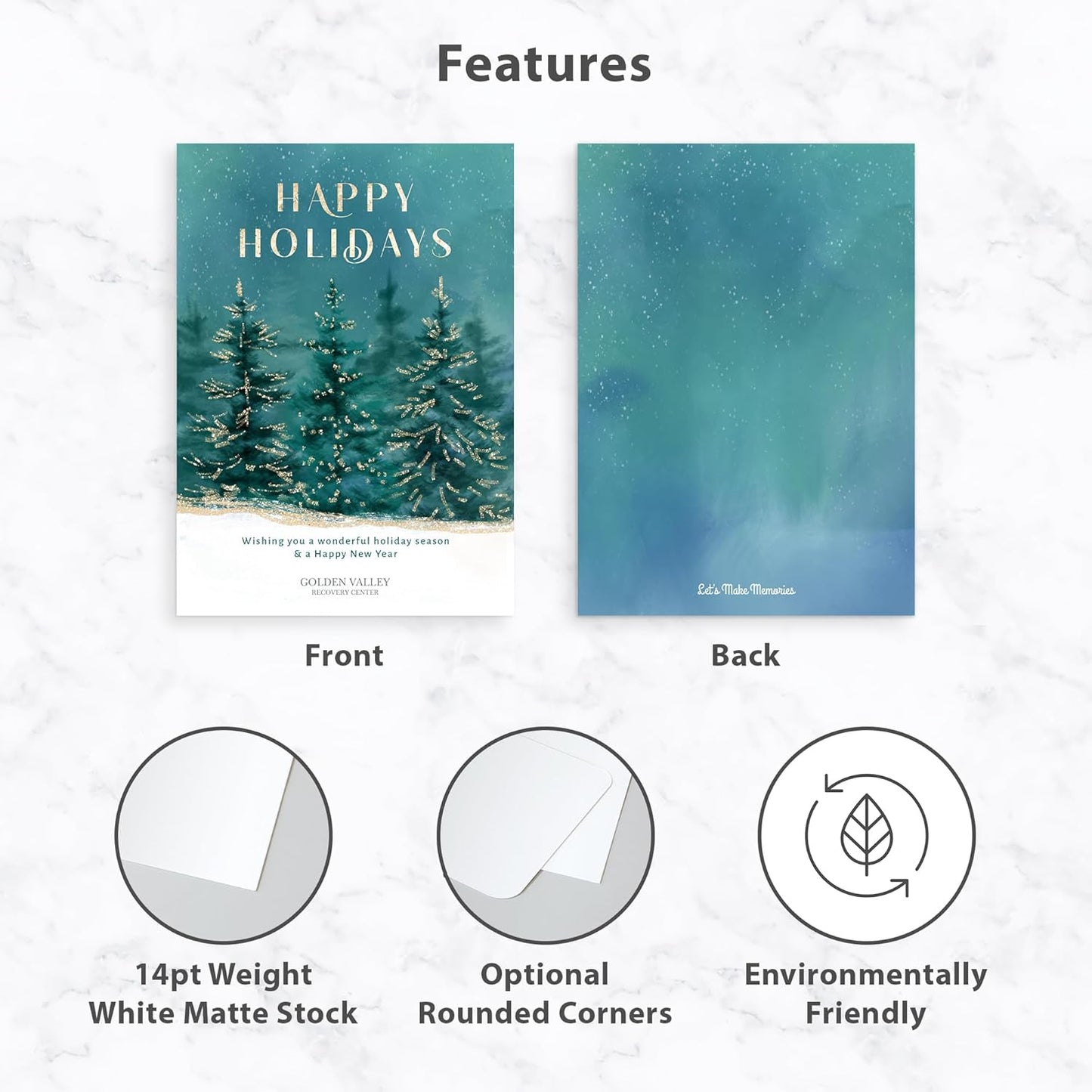 Let's Make Memories Personalized Business Christmas Cards with Envelopes - Premium Quality - 5x7-2025 Holiday Cards & White Envelopes - Gilded Trees - 200 ct