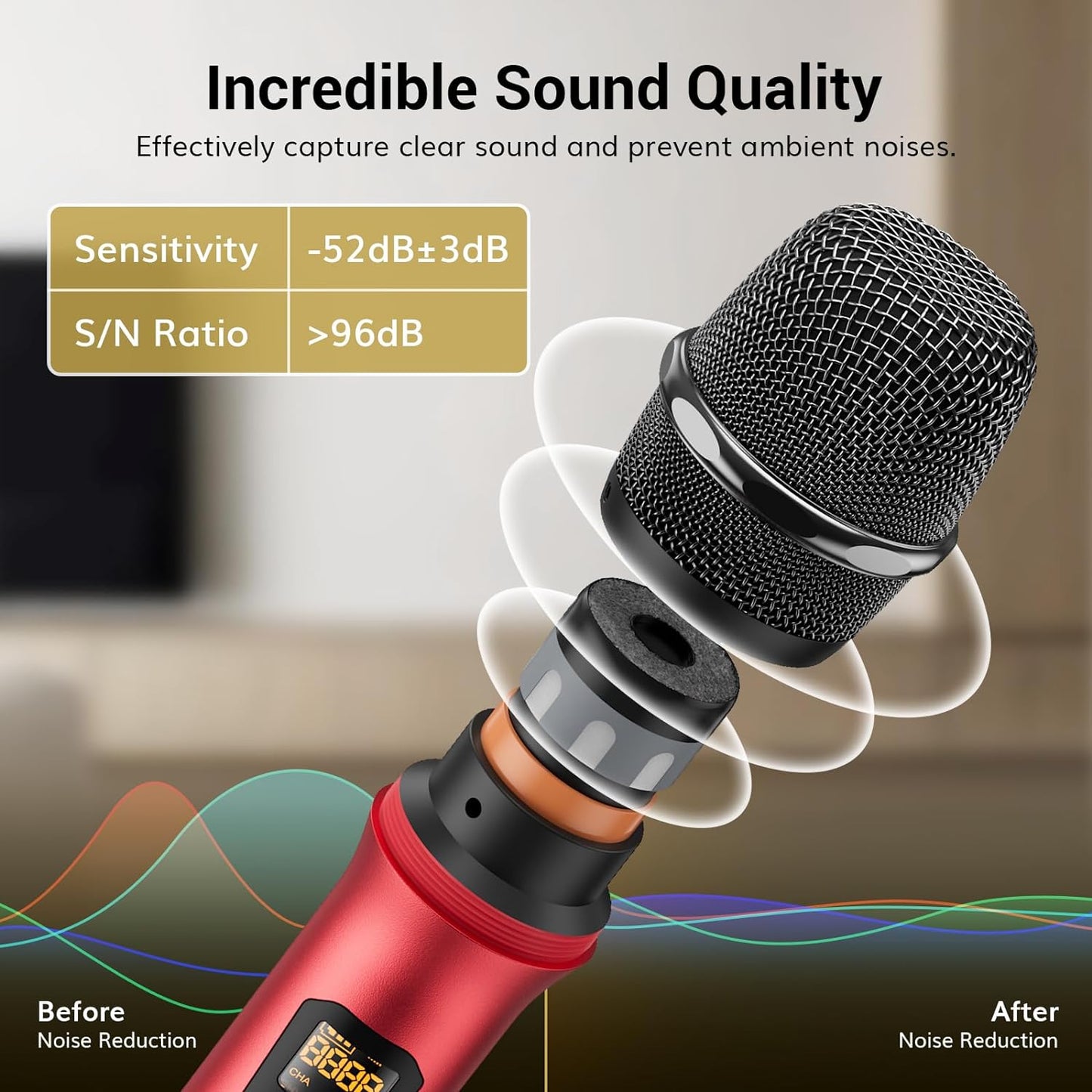 TONOR Wireless Microphone System, Professional Metal Cordless Karaoke Microphones, Handheld Dynamic Mic Set with Receiver for Home Party, Meeting, KTV, Church, DJ, Wedding, Singing, 200ft, TW820 Red