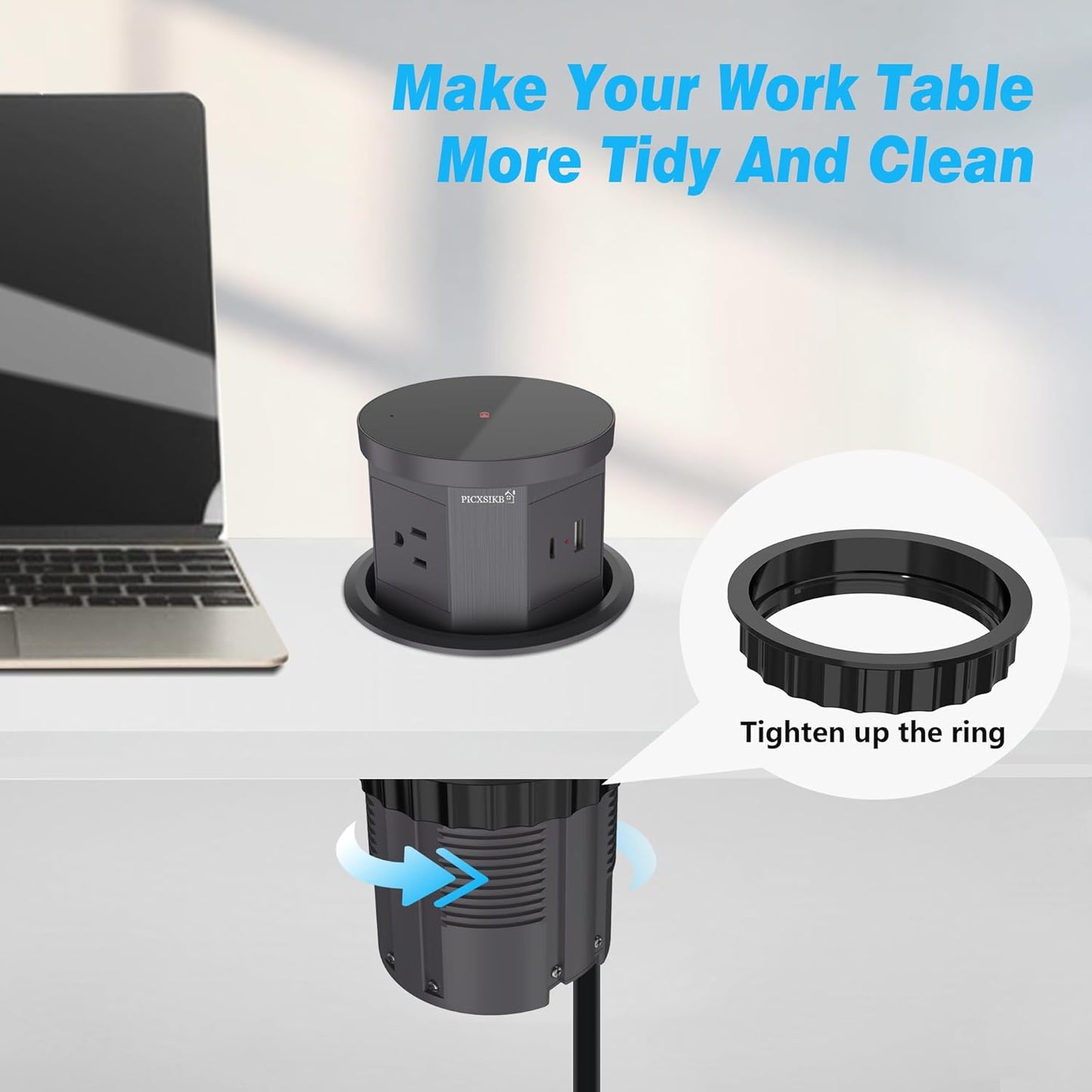 Pop Up Outlet for Countertop - 4.33-inch Automatic Pop Up Hidden Outlet - Round Electrical Outlet with 15W Wireless Charger, 1 USB-A, 1 USB-C & 3AC Plug - 5 FT Cord for Home, Office, Kitchen (Grey)