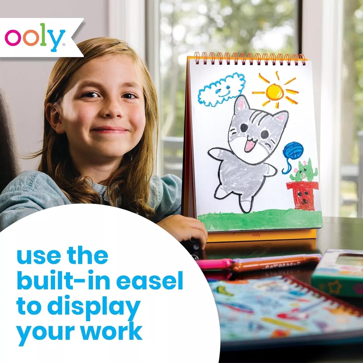 OOLY Sketch and Show Standing Sketchbook with 45 Large 10.5 x 8 Perforated Pages, 120 GSM/ 32lb, Perfect for Markers, Colored Pencils, Back to School Supplies - Pets at Play