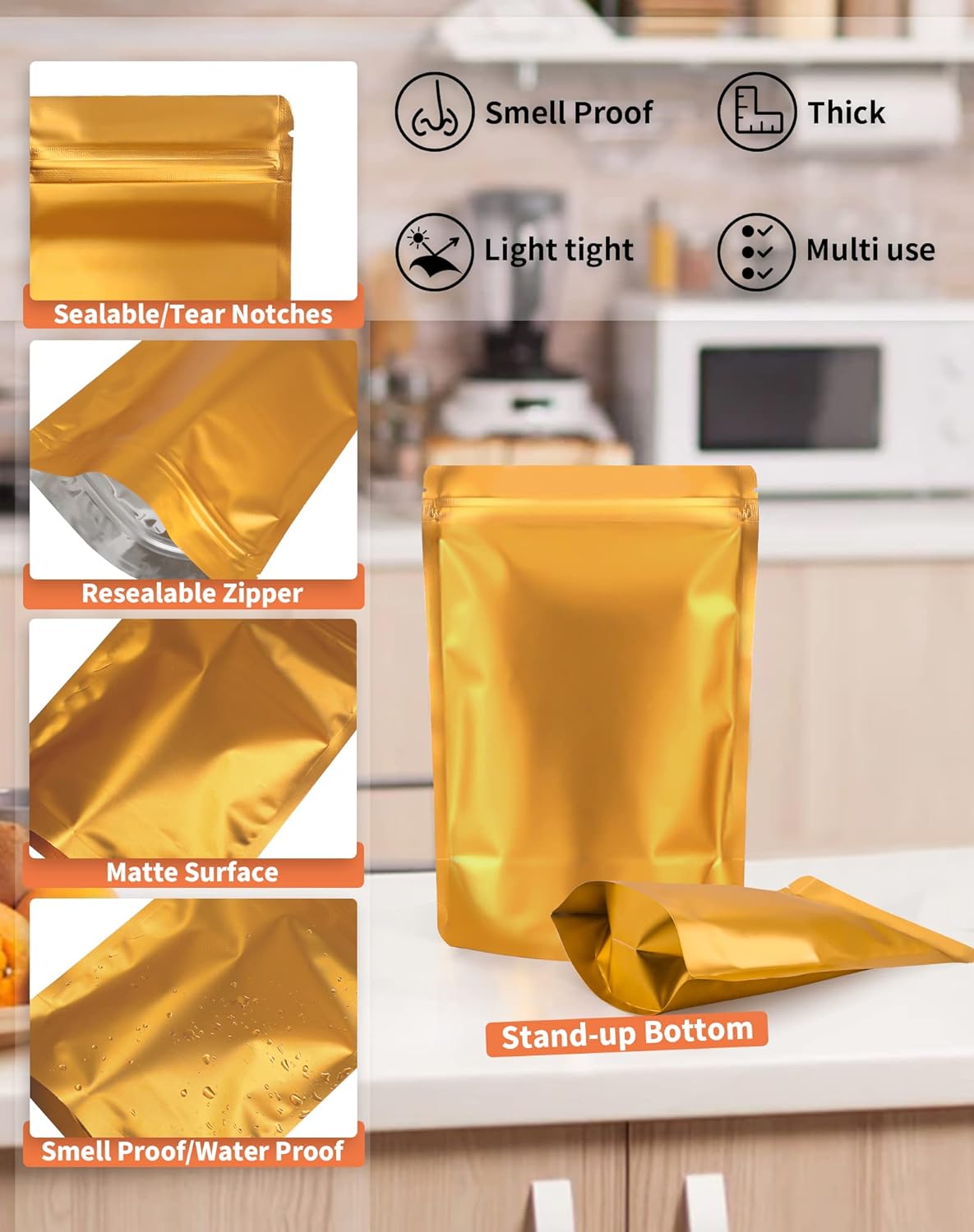 100 Pack Resealable Stand Up Bags,Smell Proof Pouch Sealable Foil Pouch Bags for Packaging (Gold, 4" x 6")