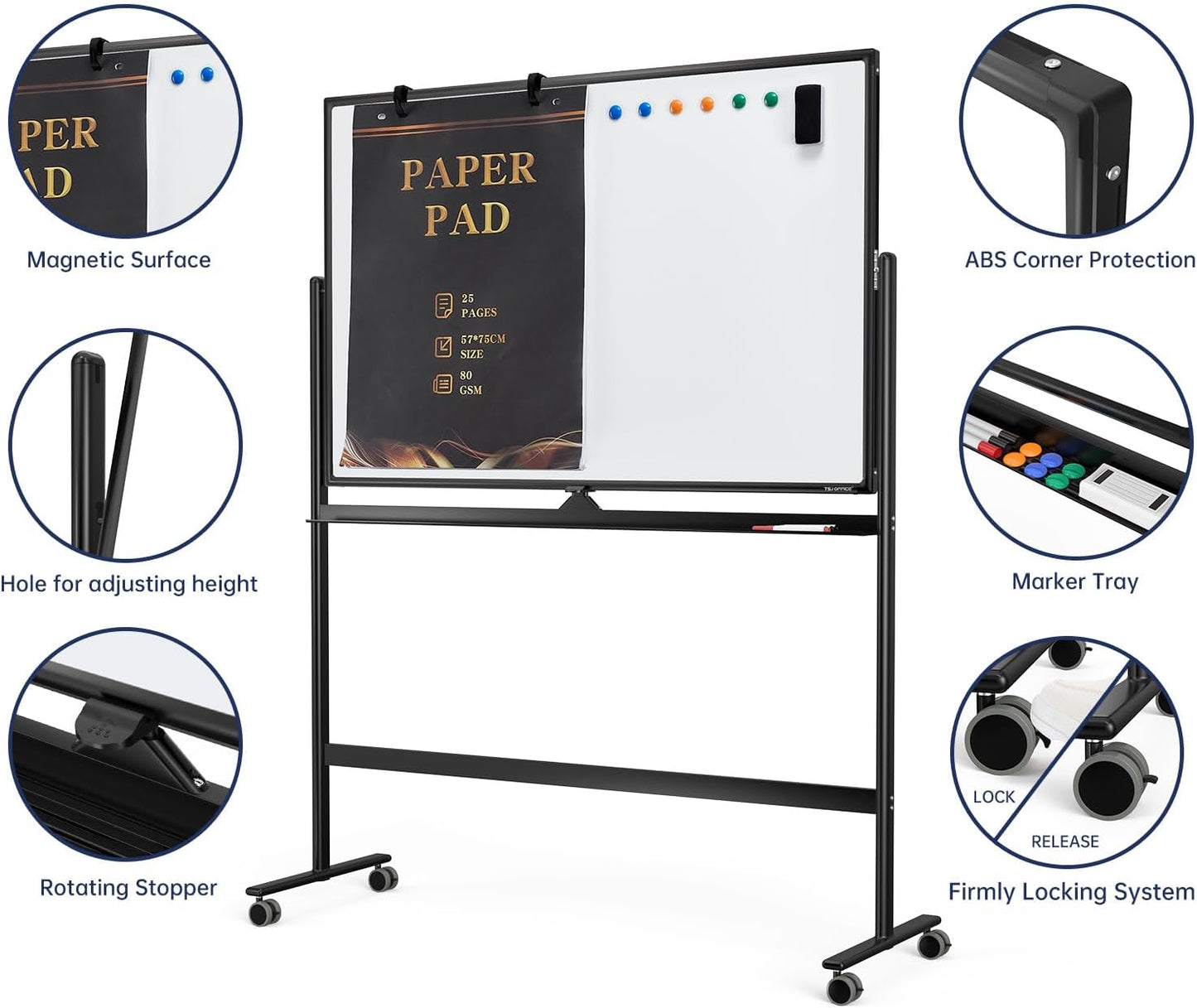 Large Dry-Erase Rolling Magnetic Whiteboard - 48 x 32 Inches Dry Erase Board with Stand Height Adjust Double Sides Mobile White Board Easel on Wheels with 25 Sheets Paper Pad Office, Home & Classroom