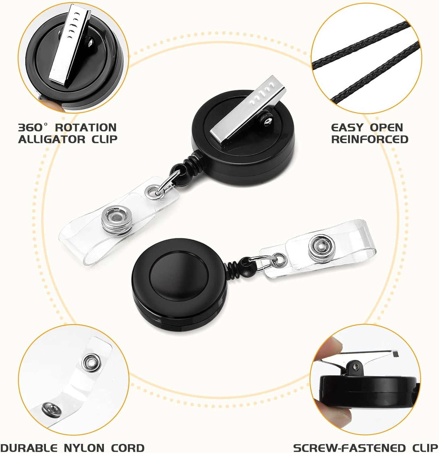 25 Pack Badge Reels Retractable with Swivel Alligator Clip Retractable Badge Holder Reels for Students, Teachers, Office Workers (Black)