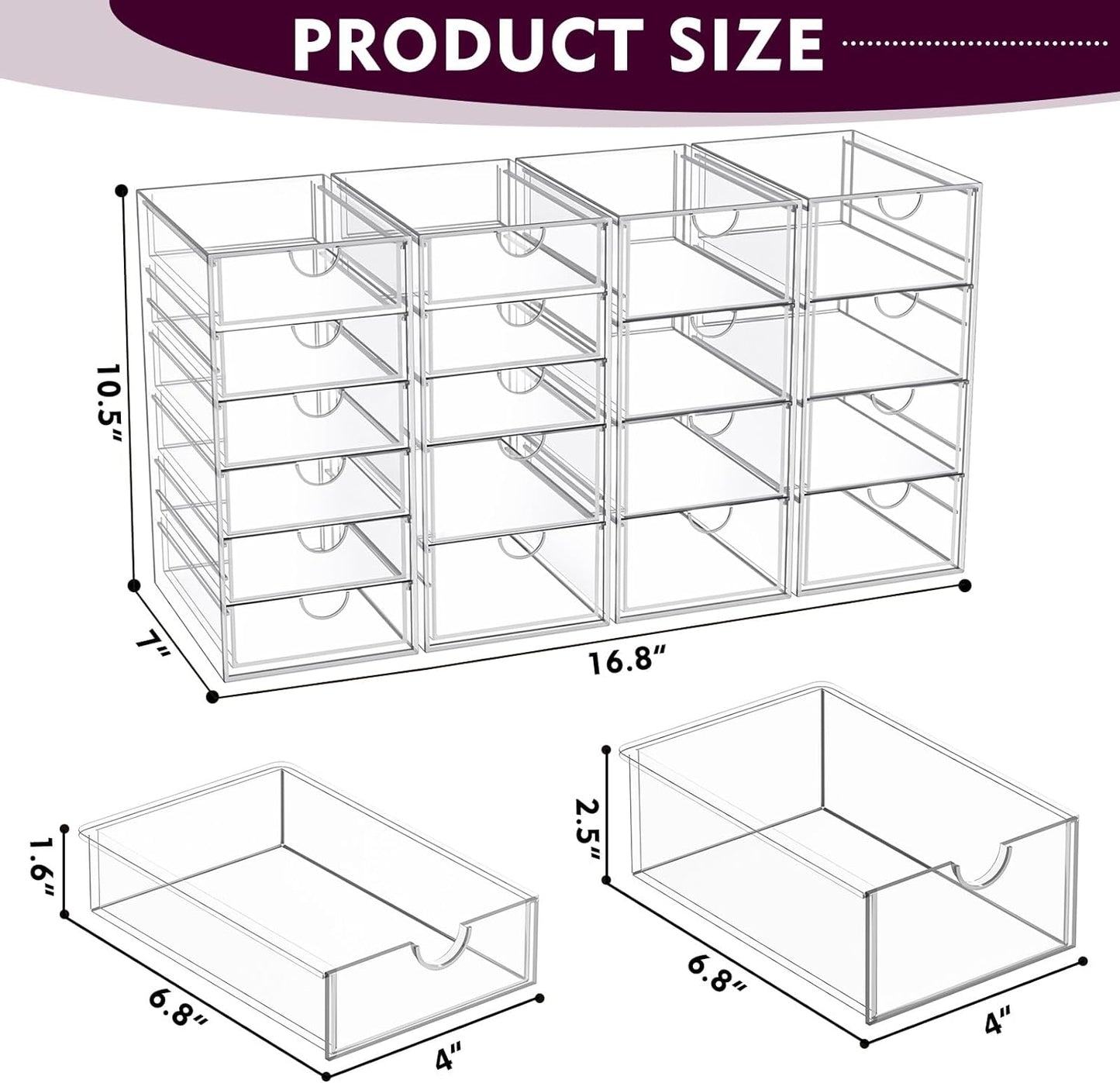 Acrylic Makeup Organizer with 19 Drawers, 4 Pack Clear Storage Drawers, Bathroom Makeup Organizer for Palettes, Cosmetic, and Beauty Supplies,Ideal for Vanity, Cabinet,Desk Organization